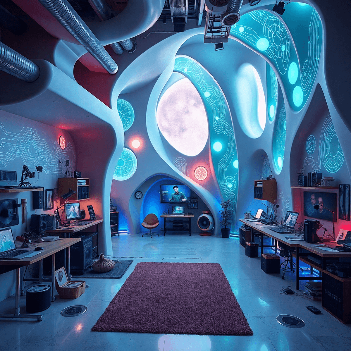 Futuristic creative studio with abstract architecture, organic shapes, glowing AI lights, and artistic tools in a vibrant, harmonious environment.