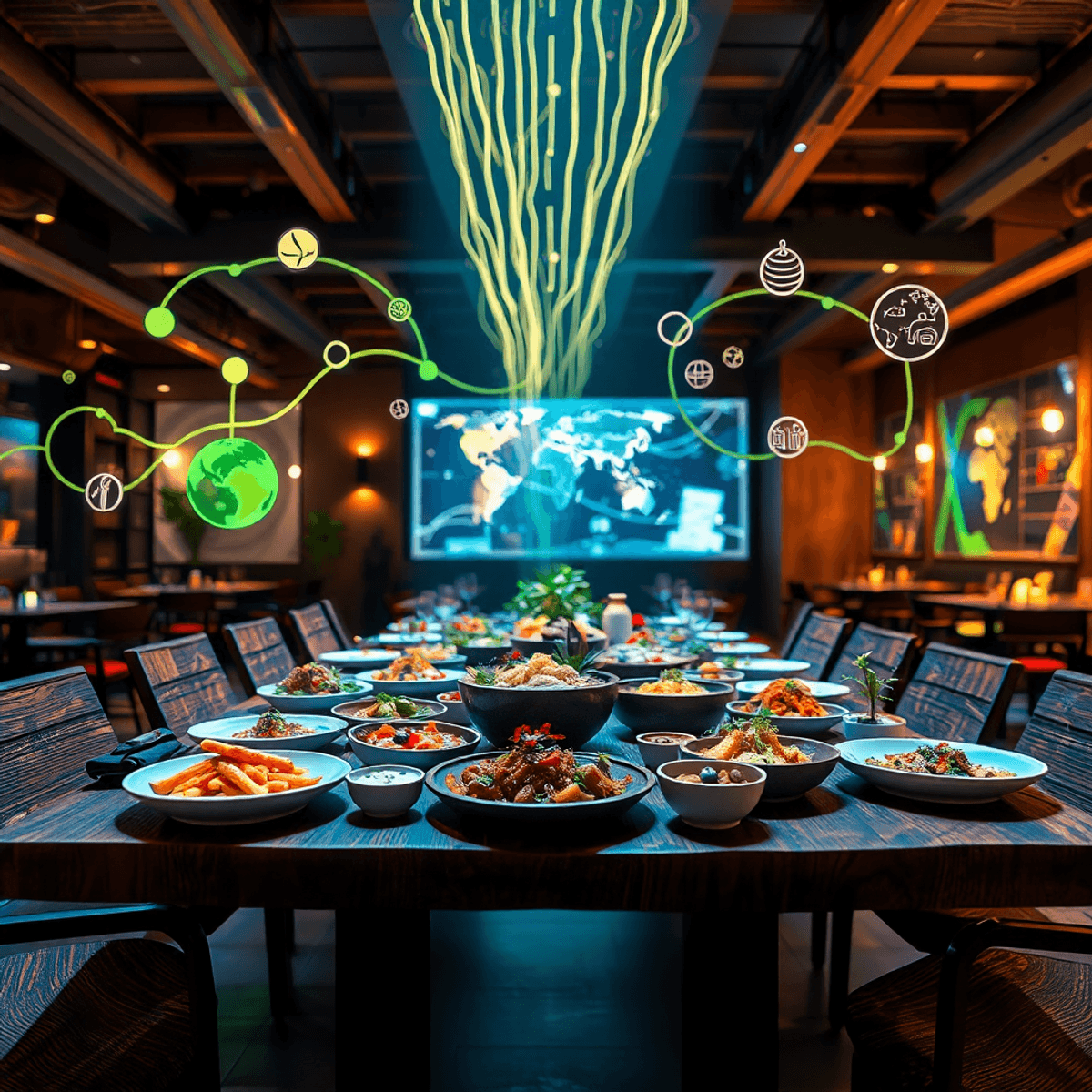Futuristic dining scene with global dishes on a rustic table, glowing cultural symbols, and soft ambient lighting in a modern hospitality space.