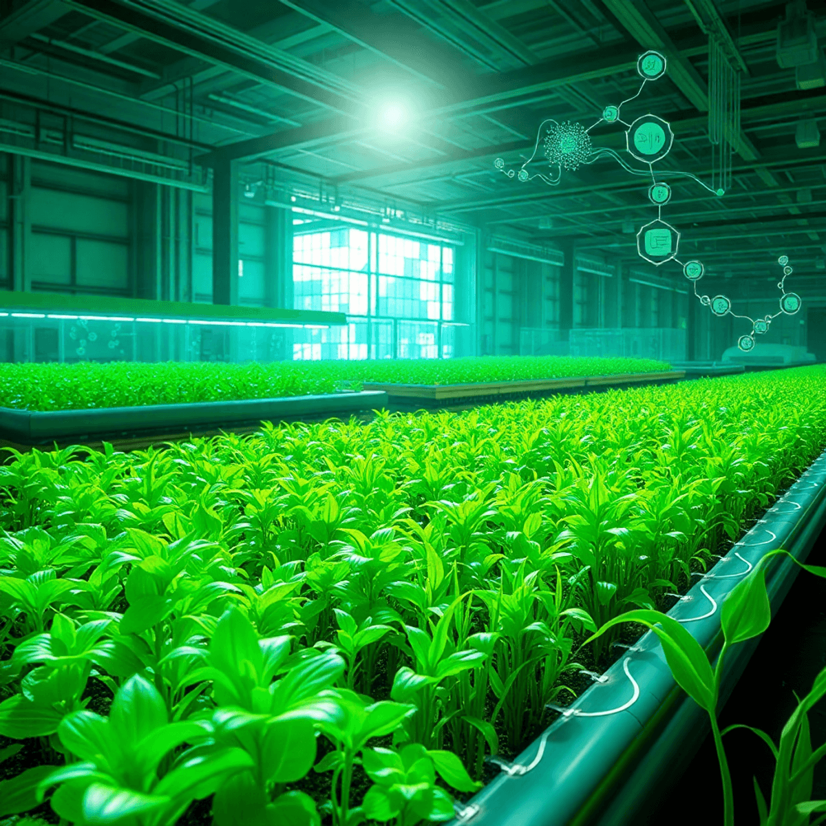 Futuristic farm with glowing green plants in high-tech labs beside traditional crops, featuring digital data streams and molecular structures symbo...