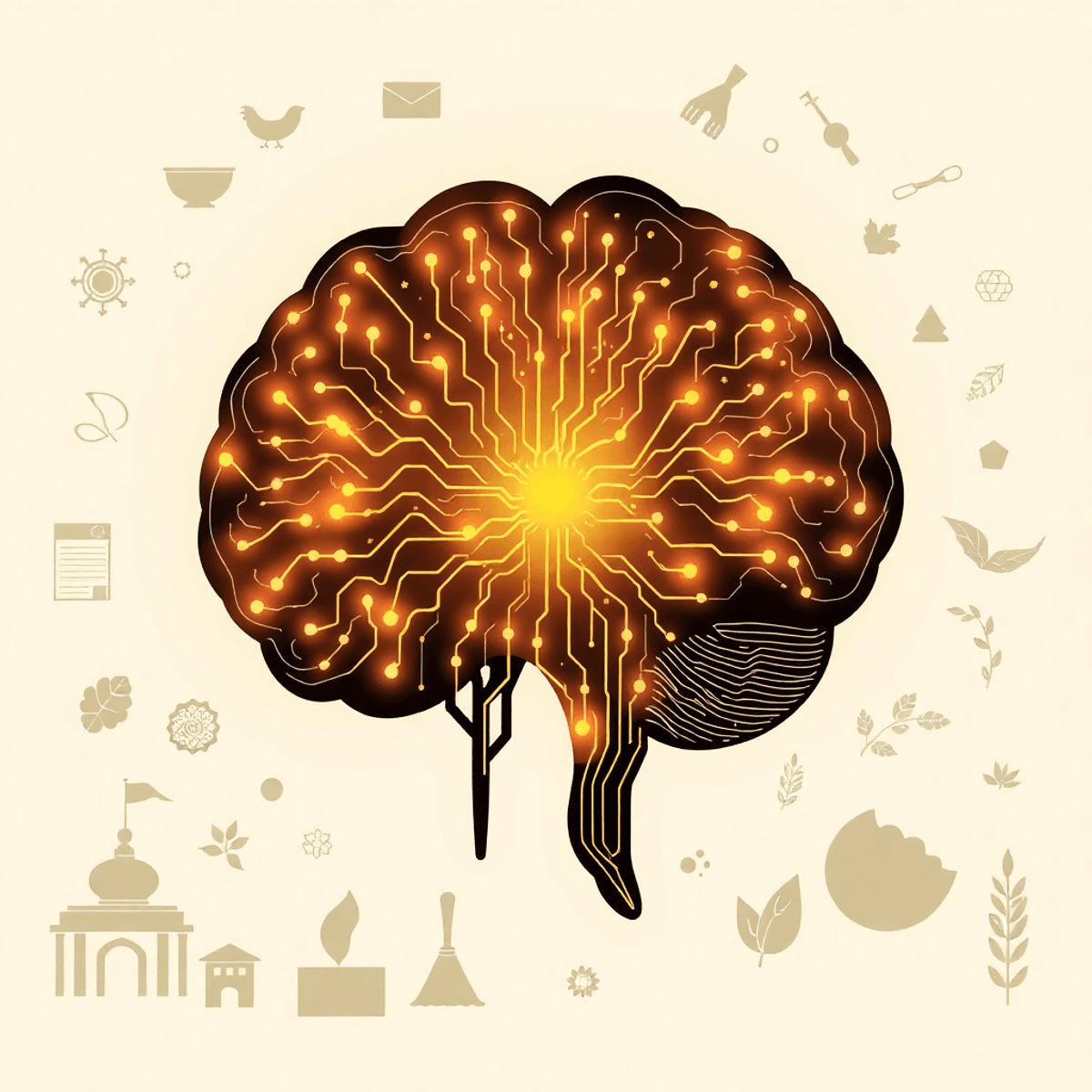 Glowing abstract brain made of digital circuits and organic patterns, with softly lit background showing architectural, artistic, and natural motifs.