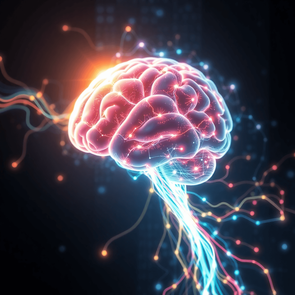 Glowing human brain intertwined with digital neural networks and colorful light streams against a dark background with circuitry patterns.