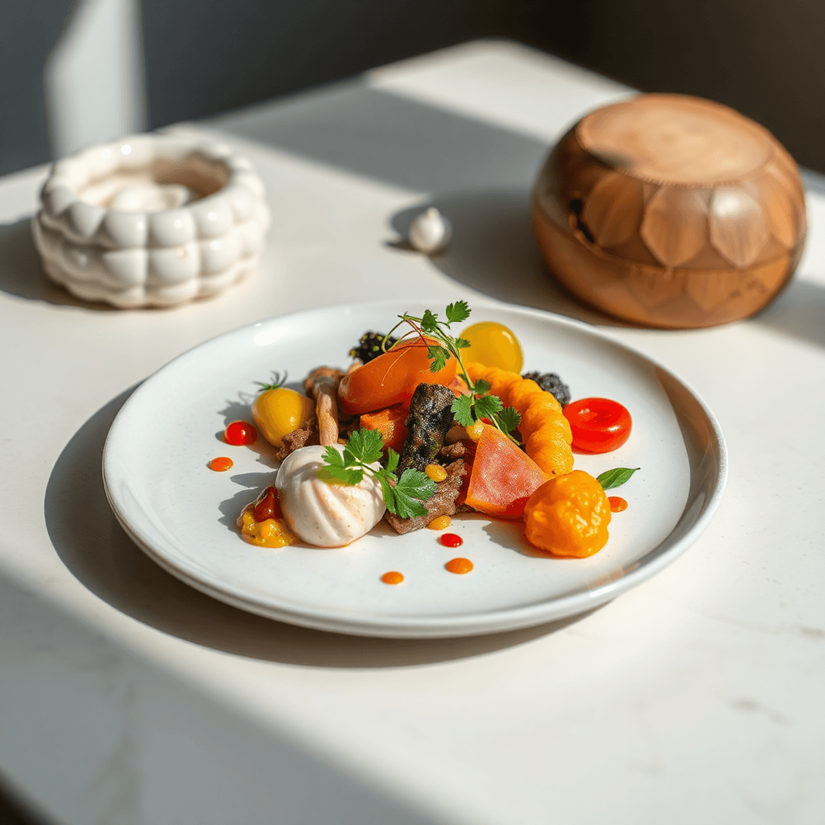 Gourmet dish with vibrant colors and textures on an elegant plate, highlighted by soft natural light and surrounded by subtle abstract elements.