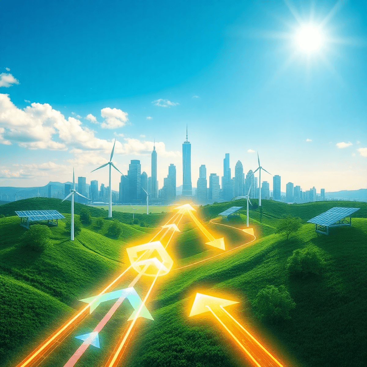 Modern city skyline merging with nature, wind turbines, solar panels, glowing pathways under bright sky symbolizing sustainable progress and future...