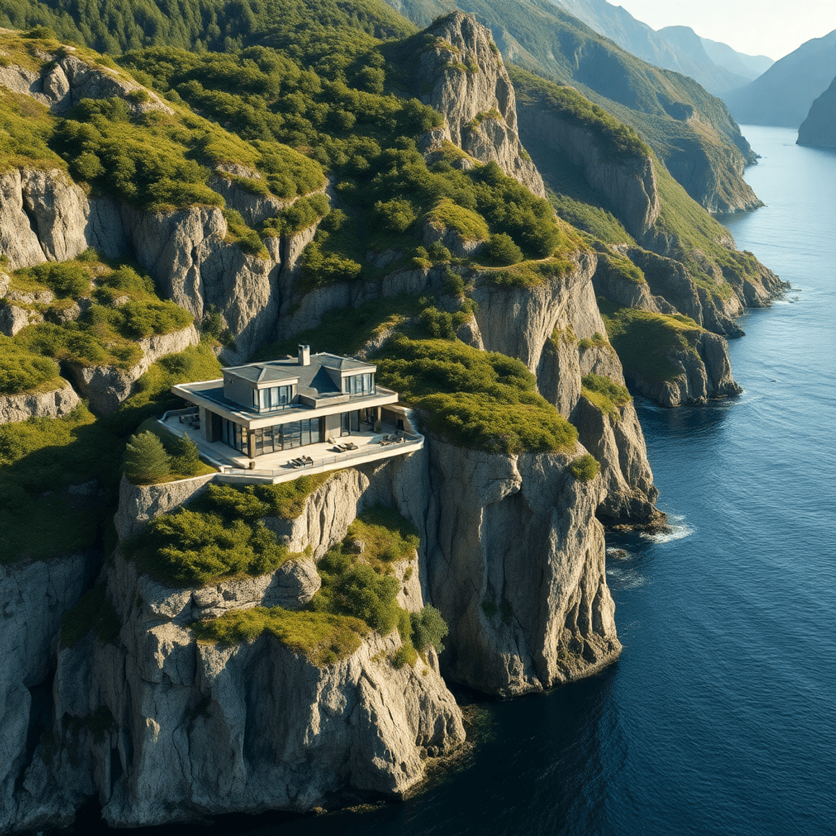 Modern cliffside house blending with lush greenery and fjord waters under soft natural light, showcasing harmony between architecture and nature.