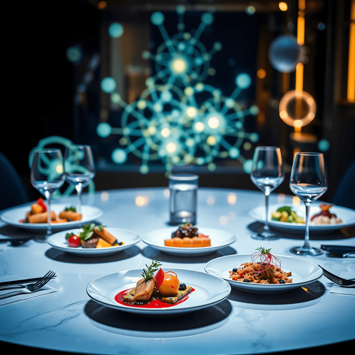 Modern dining table with colorful gourmet dishes and glowing abstract scientific shapes in the background, blending art and science in gastronomy.