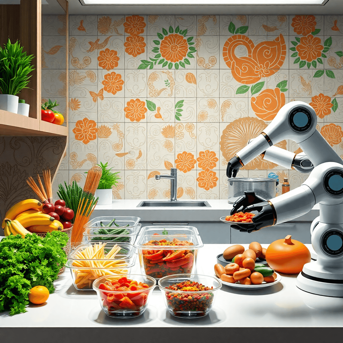 Modern kitchen with fresh ingredients, transparent containers, robotic arms preparing meals, blending traditional motifs and digital abstract patte...