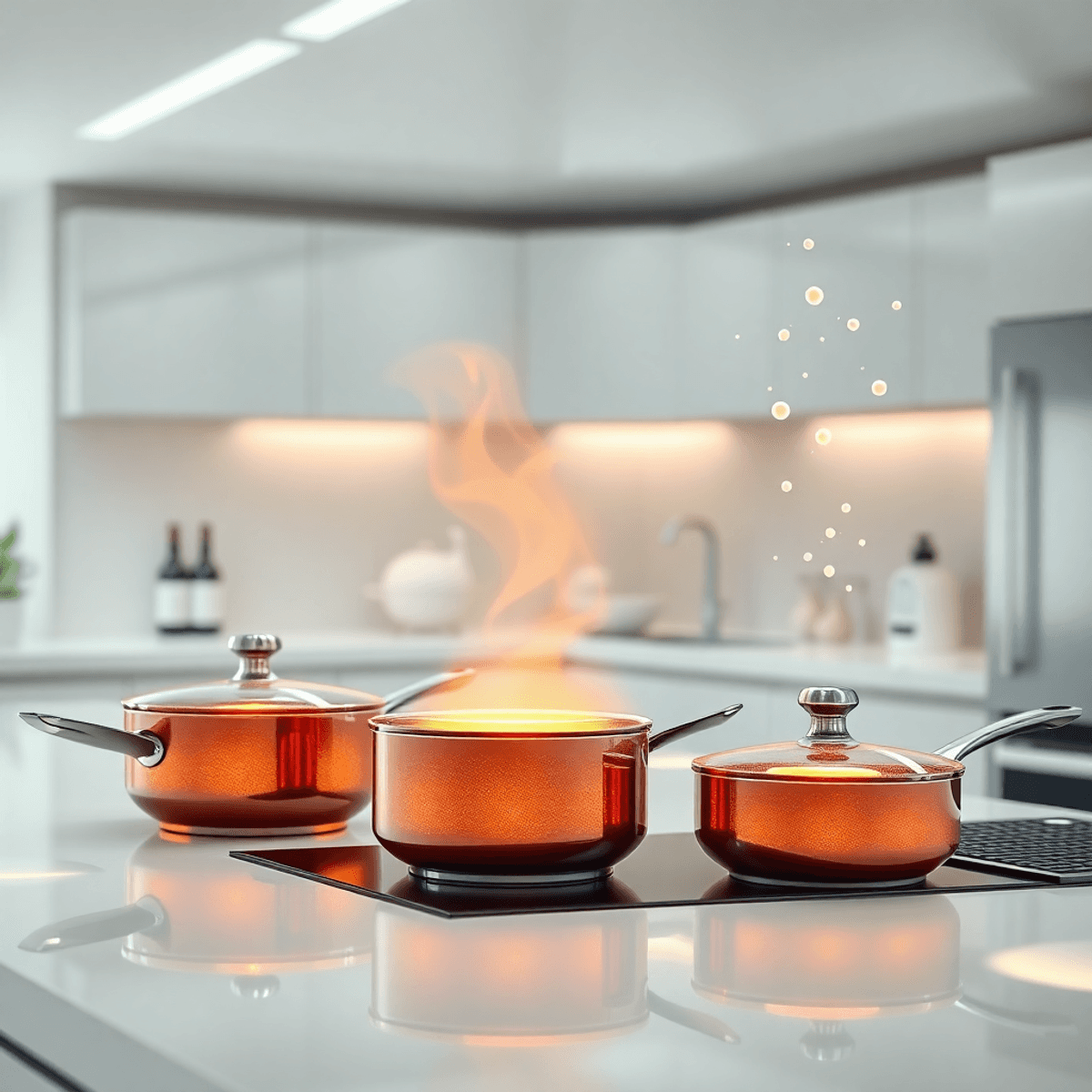Modern kitchen with glowing futuristic cookware, heat waves, and floating molecular structures in a bright, clean setting symbolizing advanced culi...