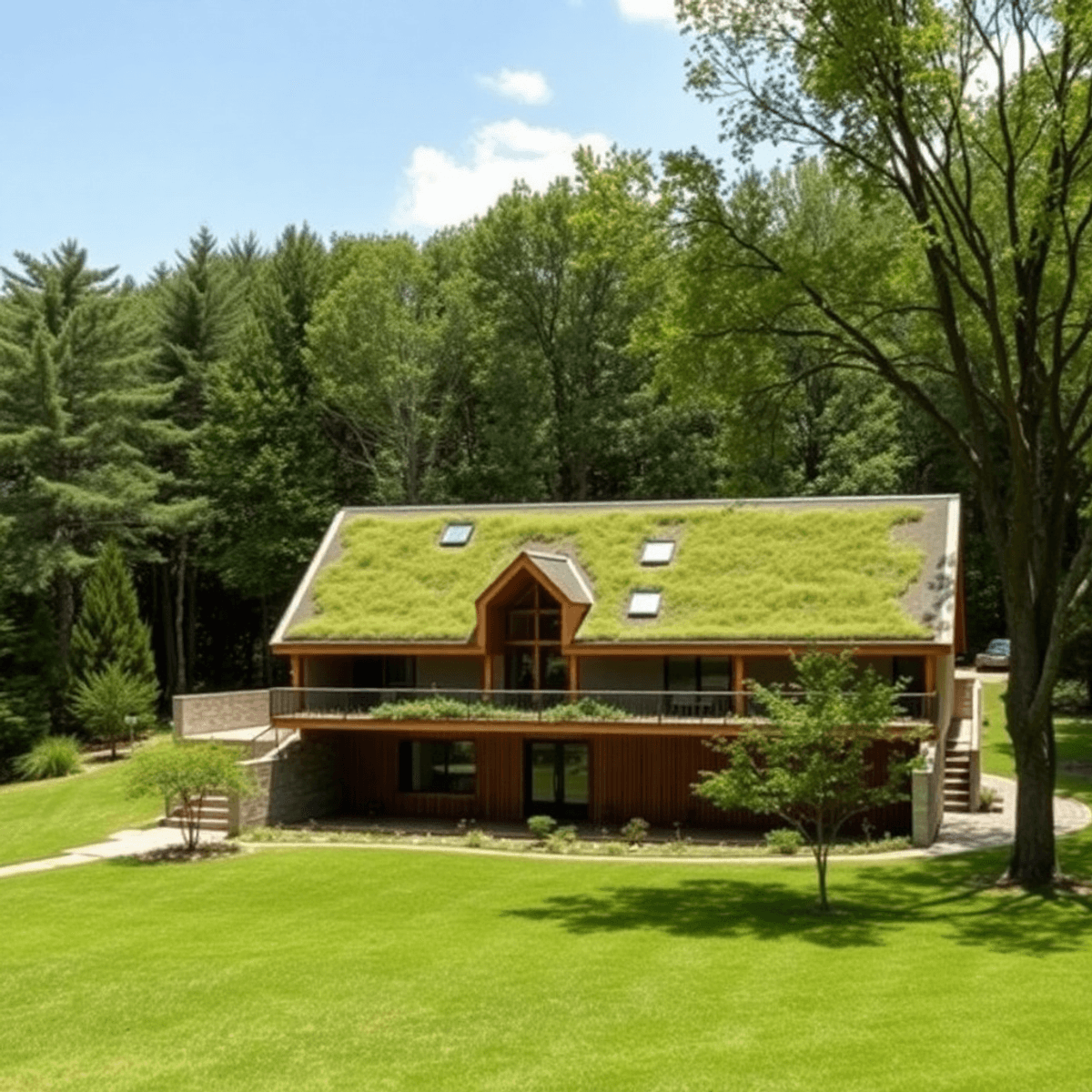 Modern sustainable building with green roofs nestled in a lush landscape, surrounded by trees and open sky, showcasing harmony between architecture...