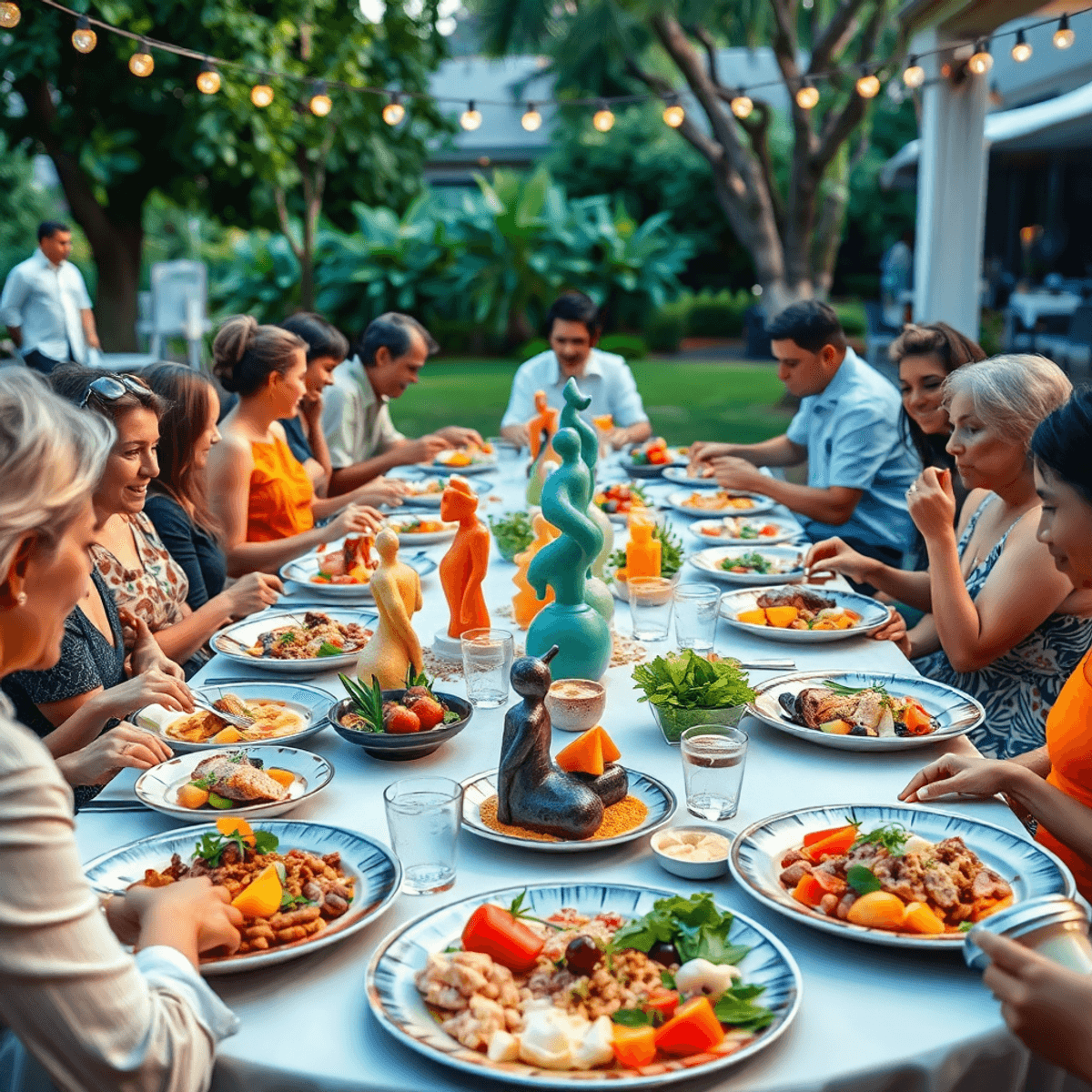 Outdoor dining table with artistic plated dishes, colorful fresh ingredients, and diverse people sharing a meal in soft natural light.