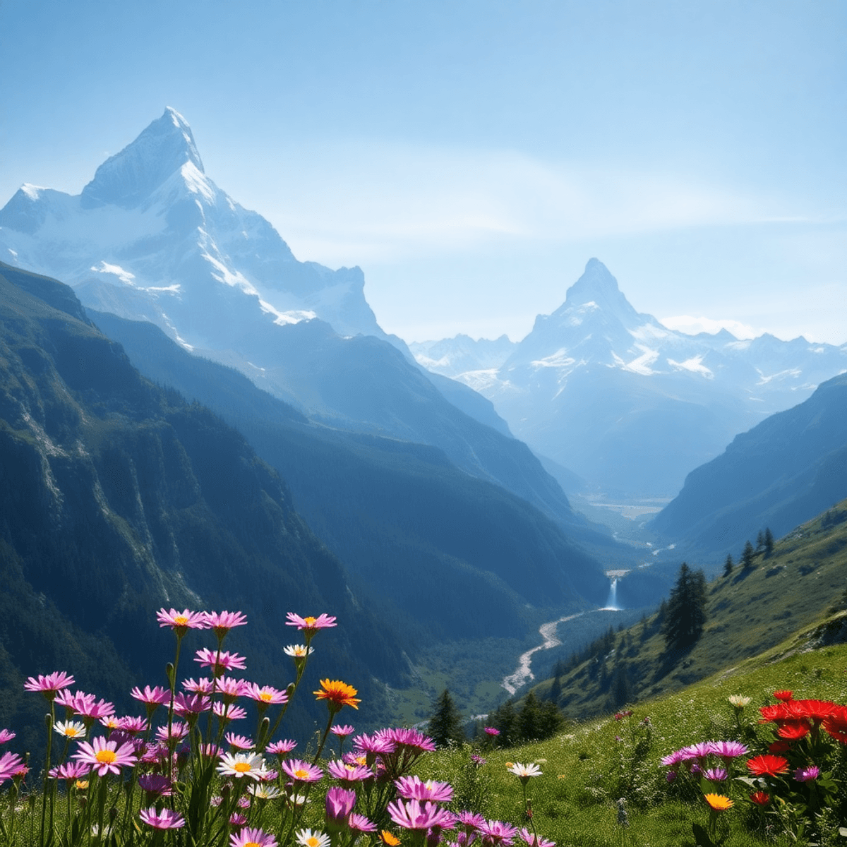 Panoramic mountain landscape in spring with vibrant alpine flowers, snow-capped peaks, a tranquil valley, and cascading waterfalls under soft natur...