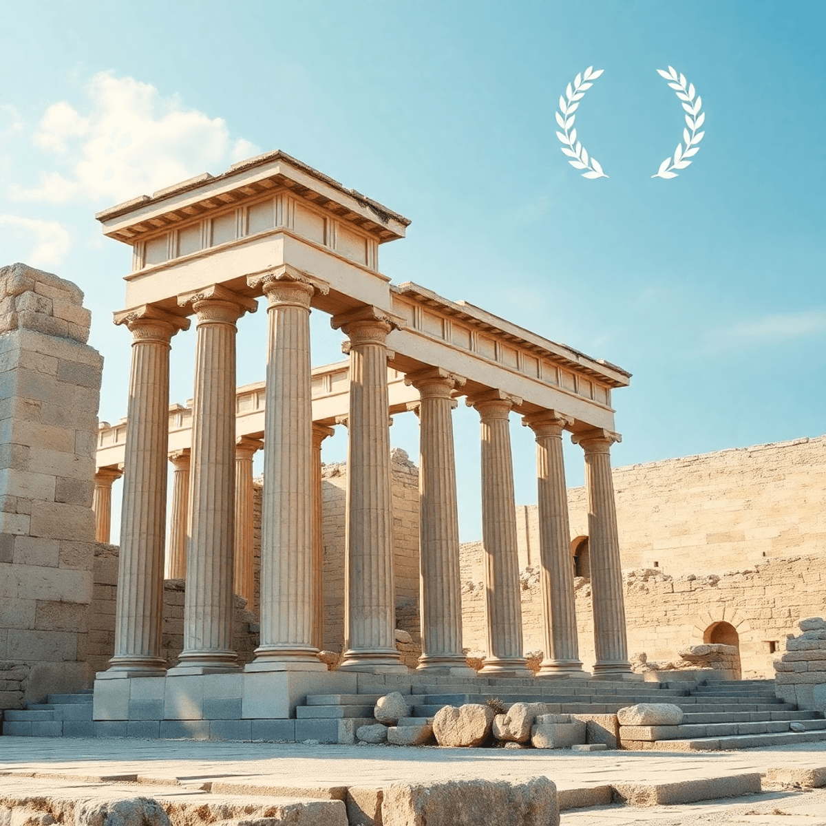 Photograph of an ancient Greek city-state with stone columns, balanced scale, laurel wreaths, and abstract shapes symbolizing justice and historica...
