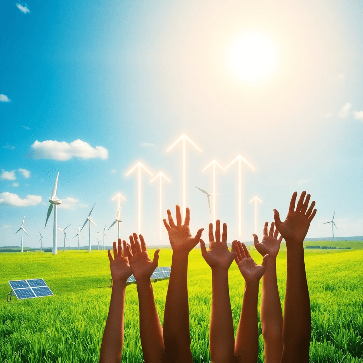 Photograph of wind turbines, solar panels, green fields, glowing arrows, light trails, and hands reaching up symbolizing energy flow and collective...