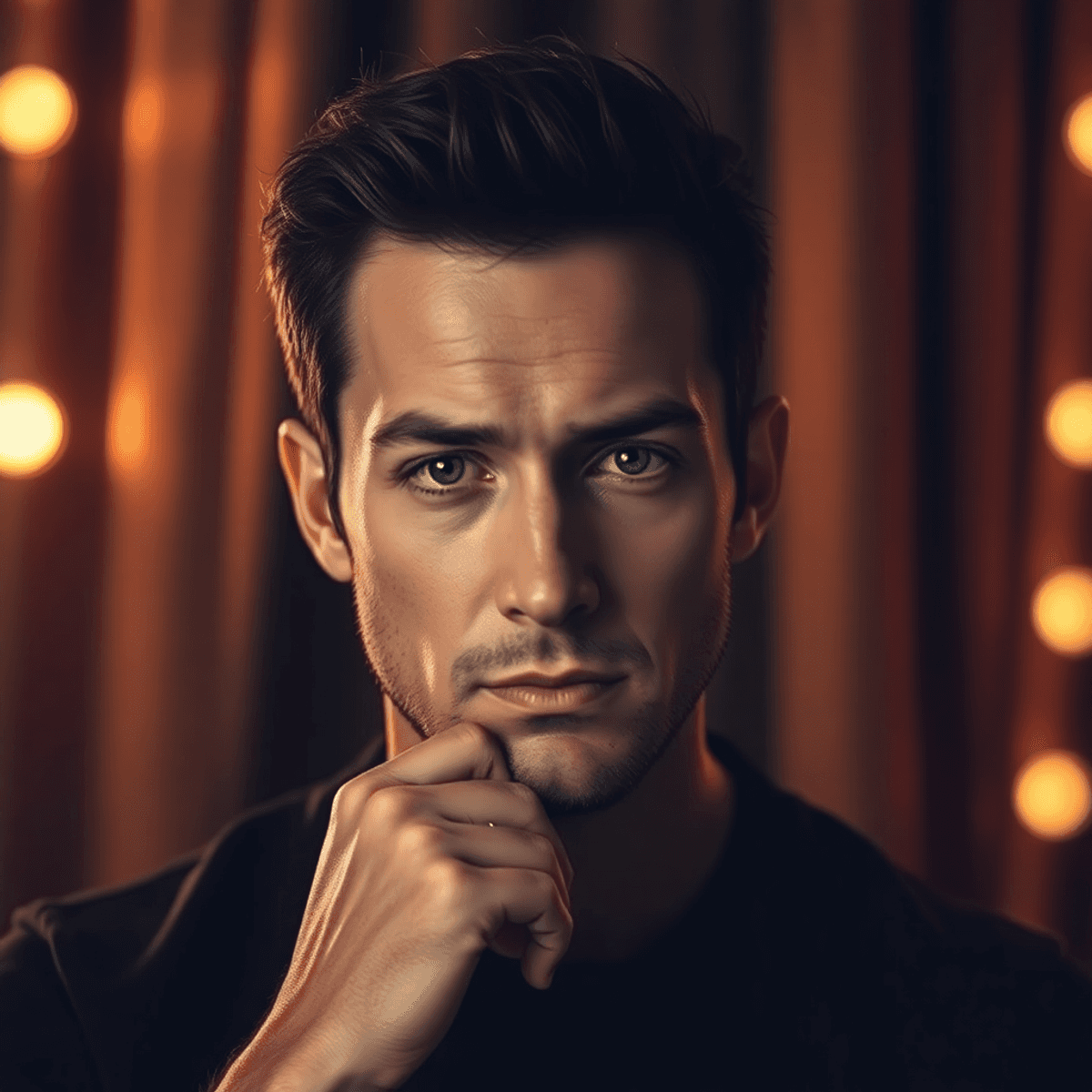 Portrait of a thoughtful male actor with intense eyes against a backdrop blending theatrical curtains and cinematic lighting in warm, moody tones.