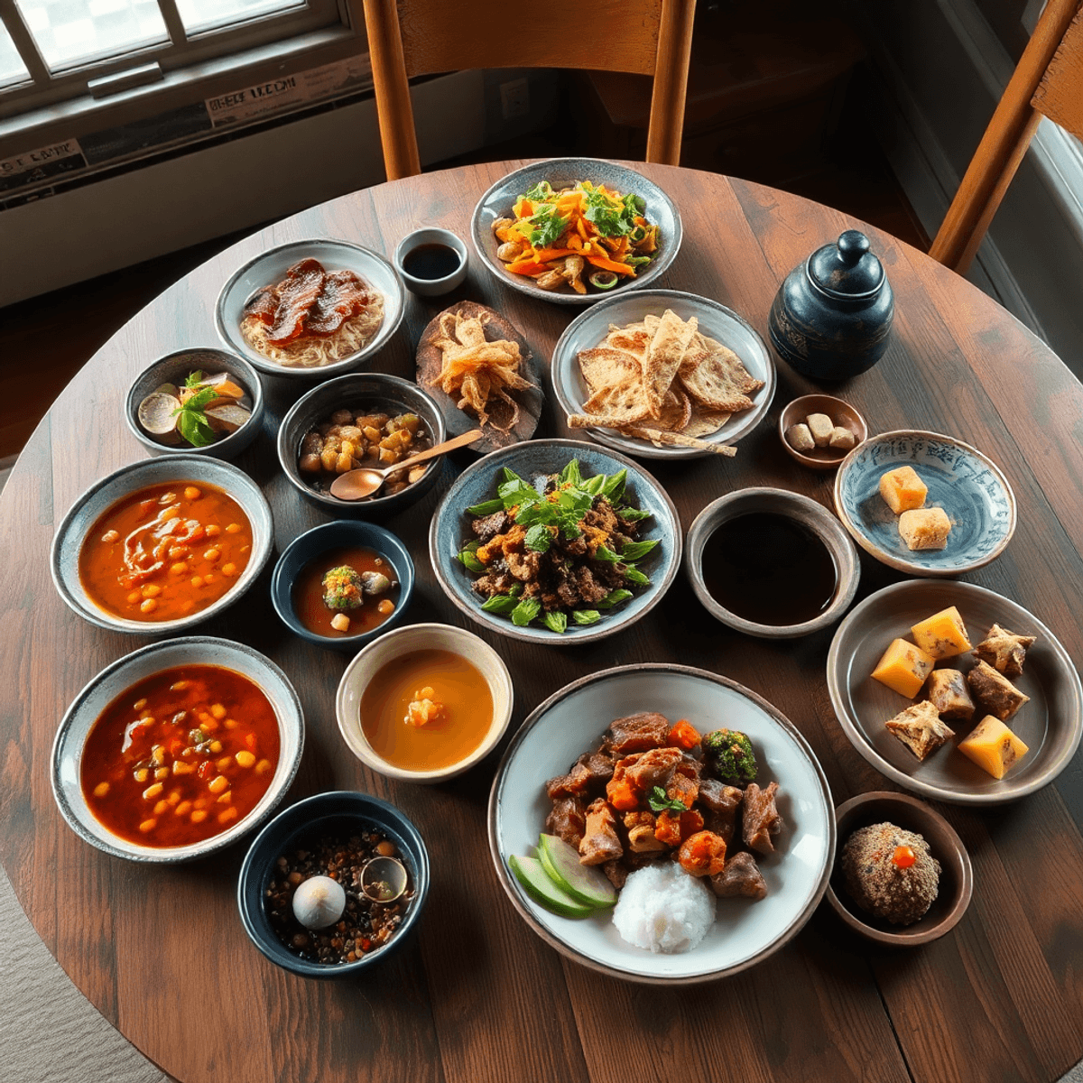 Rustic wooden table with colorful traditional dishes and elegant tea ceremony elements, softly lit to highlight textures and cultural heritage.
