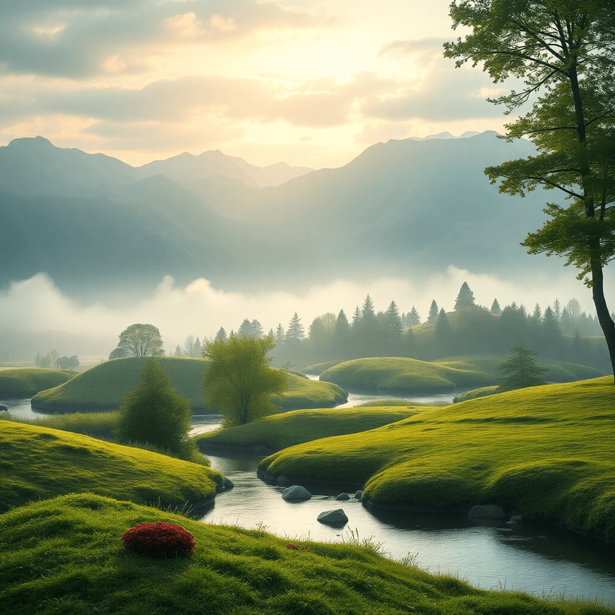 Serene landscape blending with abstract geometric shapes and soft light, symbolizing harmony between nature, architecture, culture, and technology.