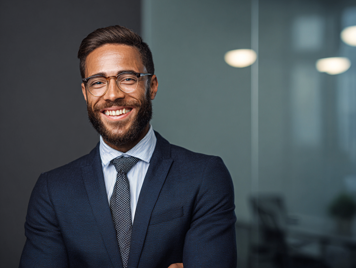 Professional business executive portrait in a modern office environment, corporate leadership concept