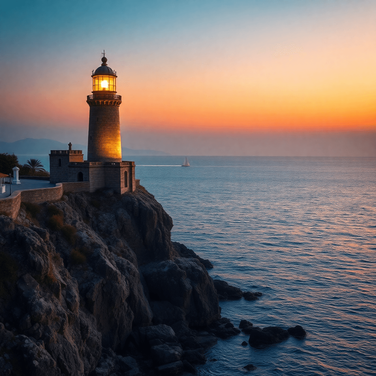 Stone lighthouse on cliffs at sunset over calm sea with sailboats, sky in orange and purple hues.