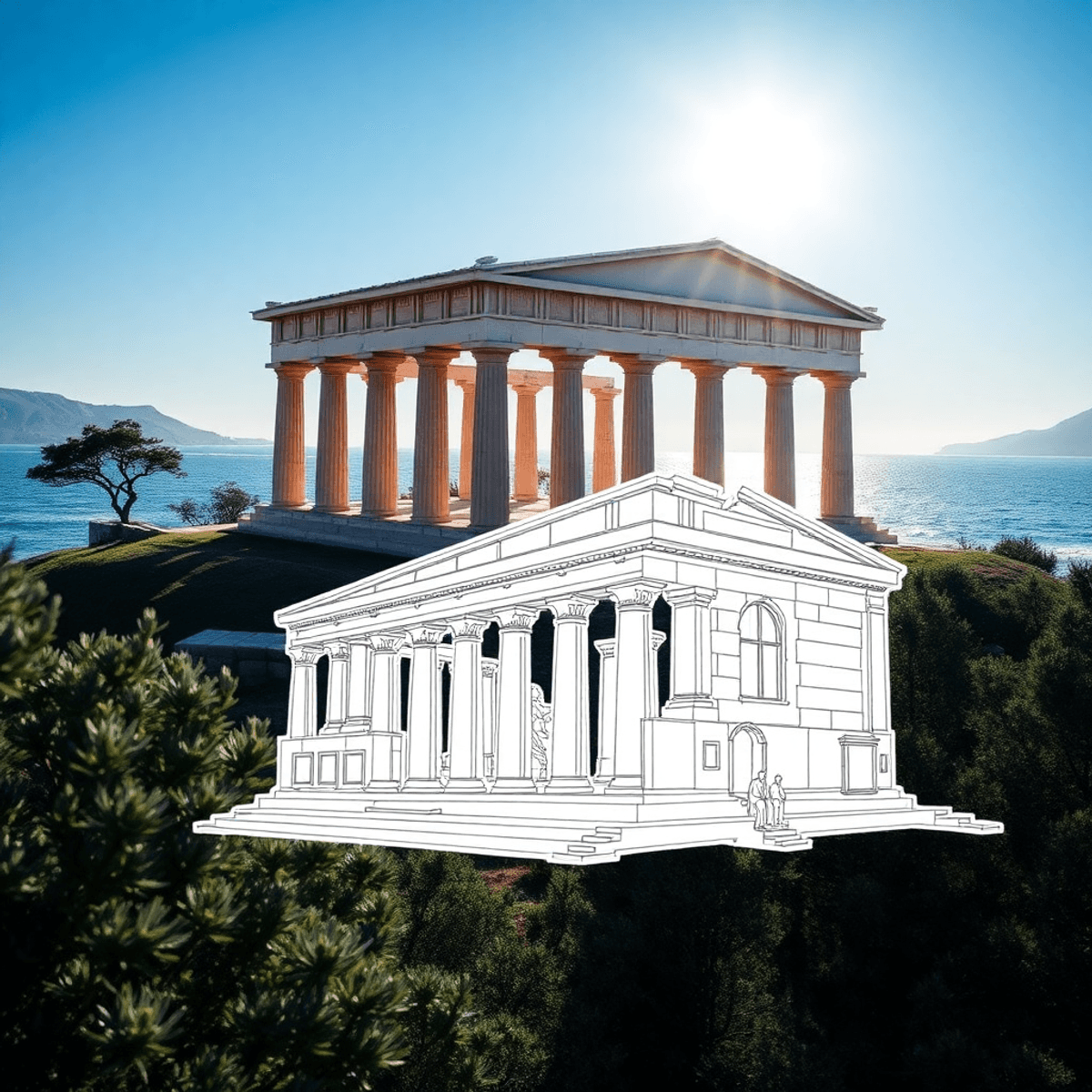Sunlit ancient Greek temple ruins by the coast with waves, greenery, olive trees, and a modern architectural sketch overlay blending past and present.