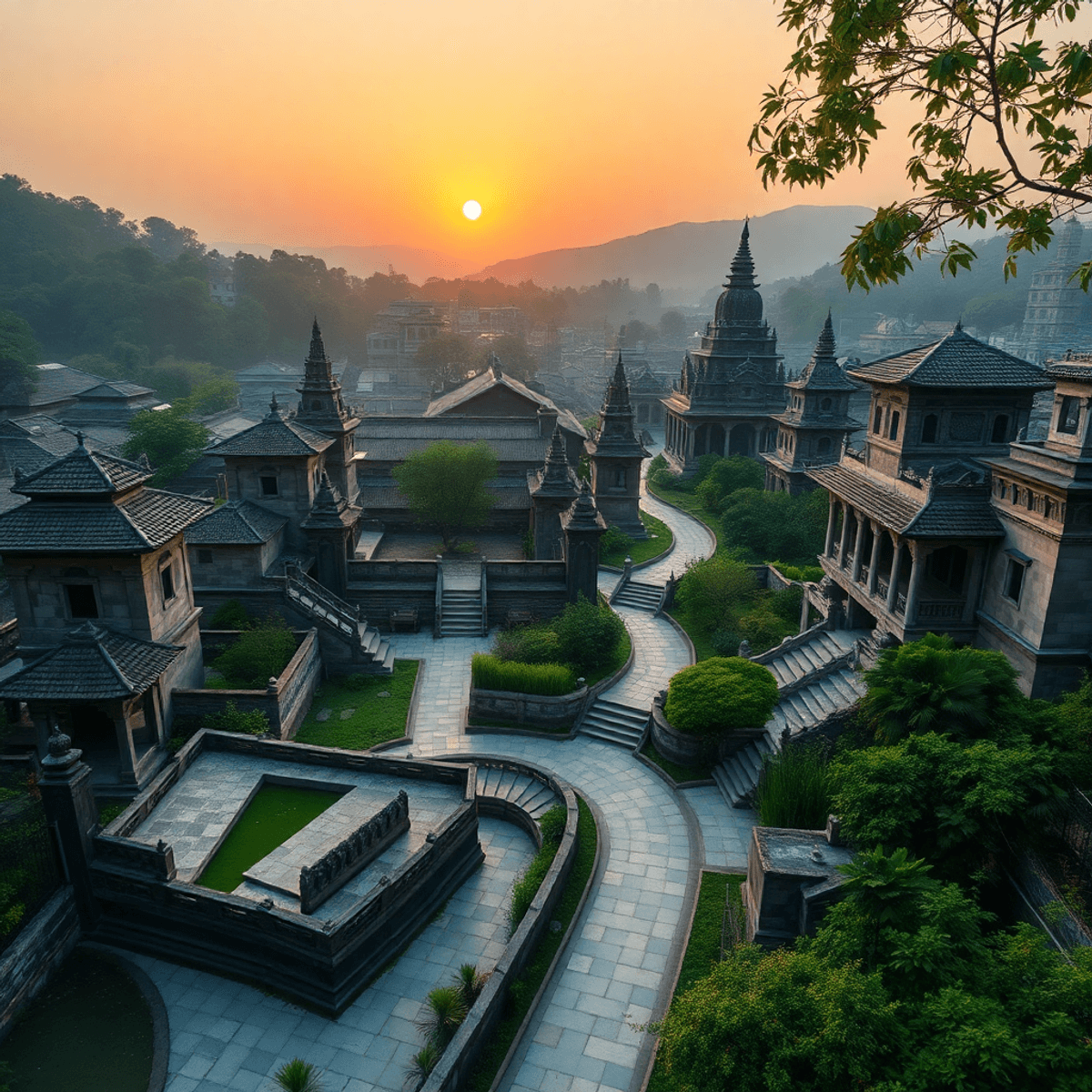 Sunrise over an ancient city with stone buildings, temples, lush greenery, and glowing pathways symbolizing knowledge and cultural wisdom.