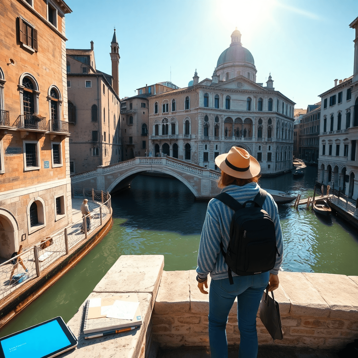 Traveler on stone bridge over Venice canal, historic Byzantine and Gothic buildings, sketchbooks and tablets nearby, blending art, technology, and ...