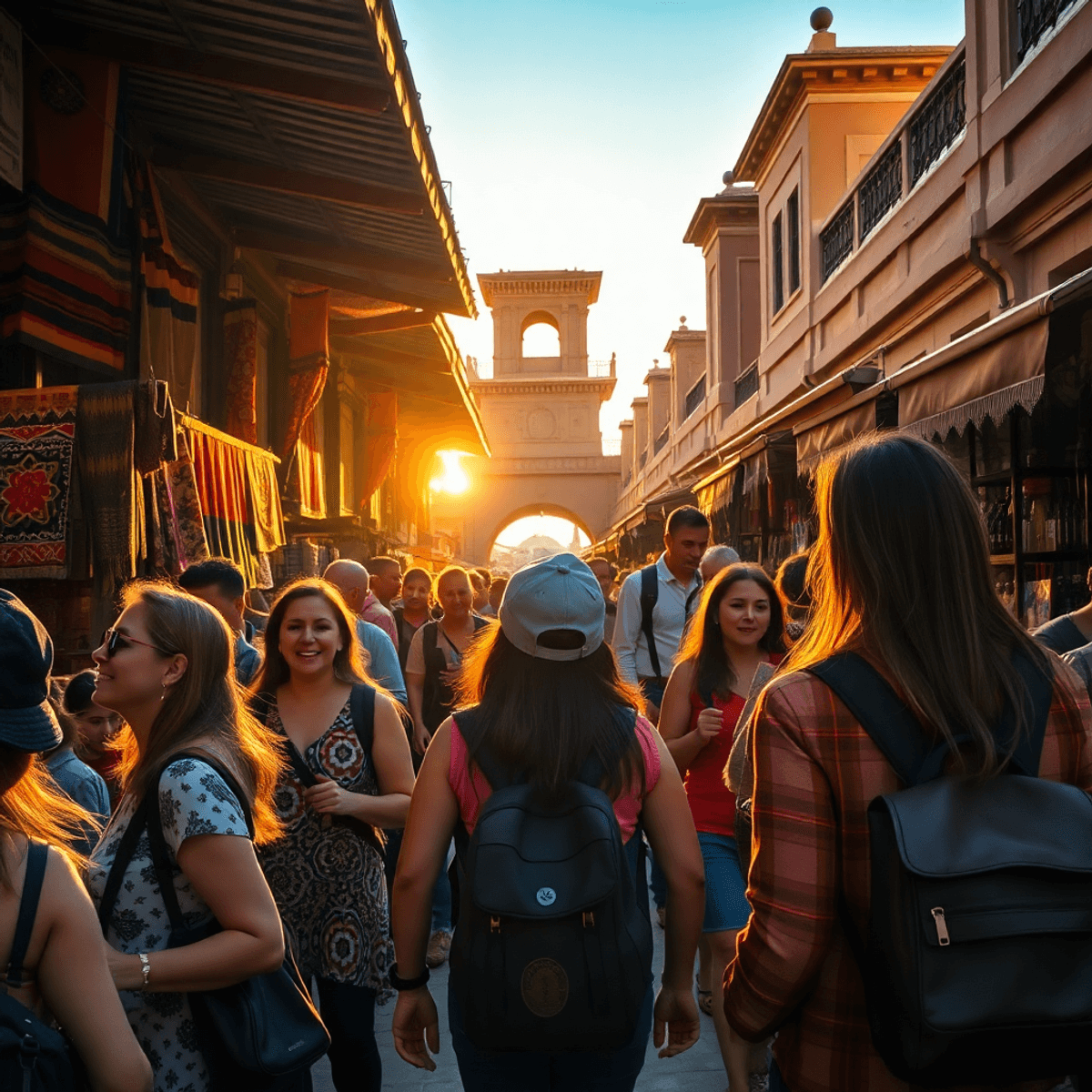 Travelers exploring a vibrant outdoor market at golden hour, with colorful textiles, warm sunlight, and candid interactions.