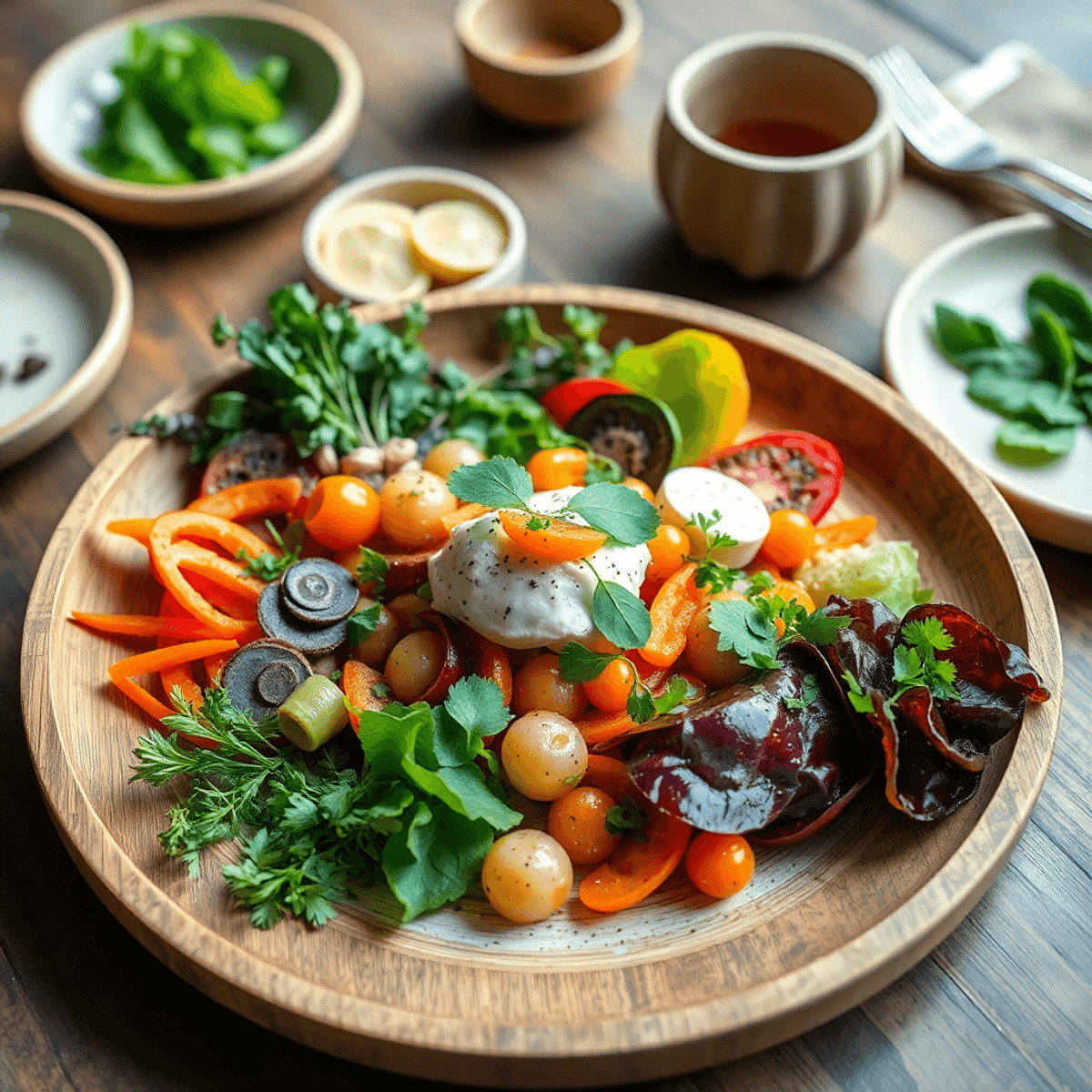 Vibrant gourmet vegetable dish artfully plated on rustic wooden table, surrounded by bamboo and ceramic eco-friendly tableware, lit by soft natural...