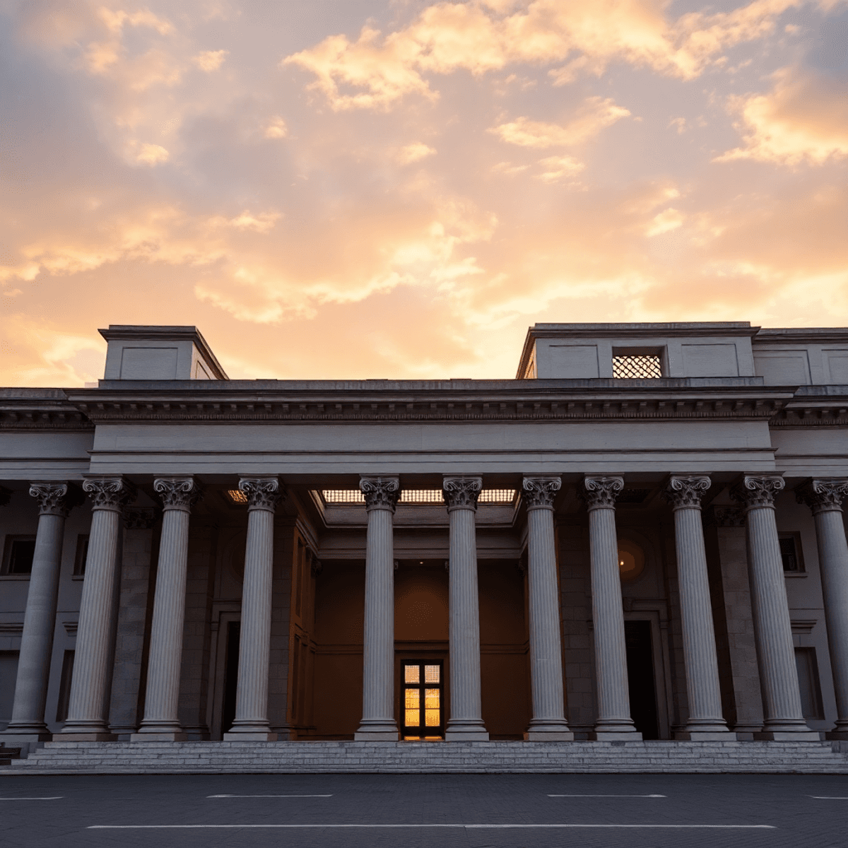 A majestic classical building with Renaissance columns and arches combined with modern minimalist design, set against a serene sunrise sky.