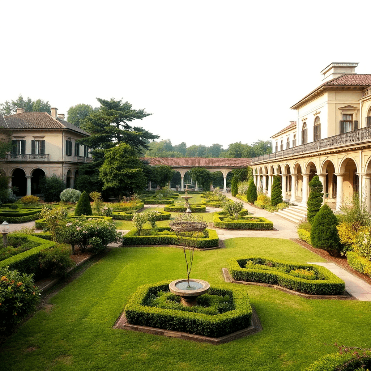 A serene noble estate garden with classical architecture, lush greenery, and soft light highlighting the blend of nature and crafted beauty.