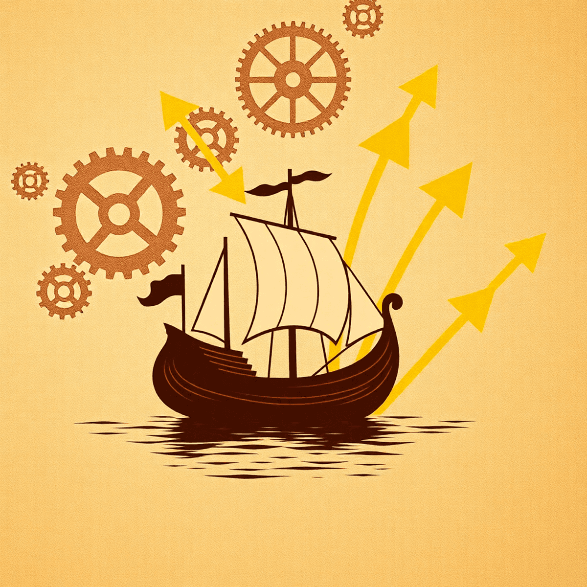 A stylized ancient trade ship sails calm waters with golden arrows as trade routes over gears and cogs, symbolizing governance and economy in warm ...