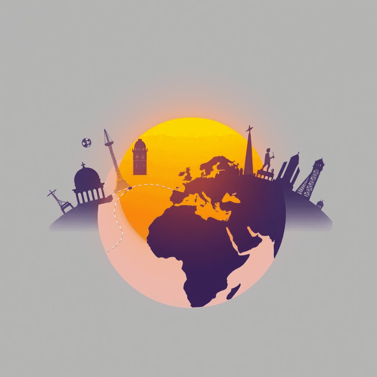 Abstract image of a glowing globe with trade routes, cultural symbols, and a rising sun, symbolizing political drama and strategy in a photographic...