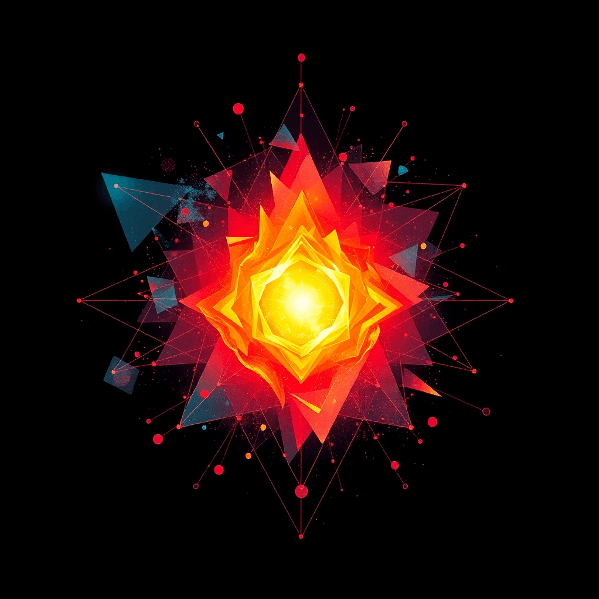 Abstract photo of a glowing fiery core surrounded by interconnected geometric shapes in warm reds, oranges, and cool blues on a dark background.