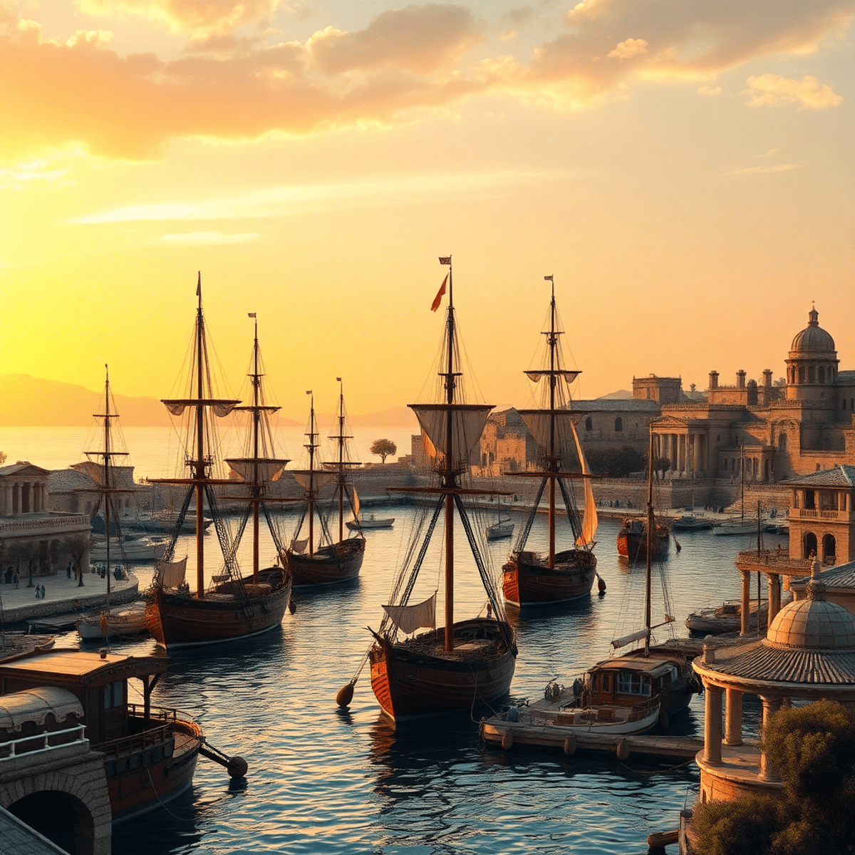 Ancient Mediterranean harbor at sunset with classical Greek ships, bustling port, iconic architecture, olive trees, and warm golden sky.