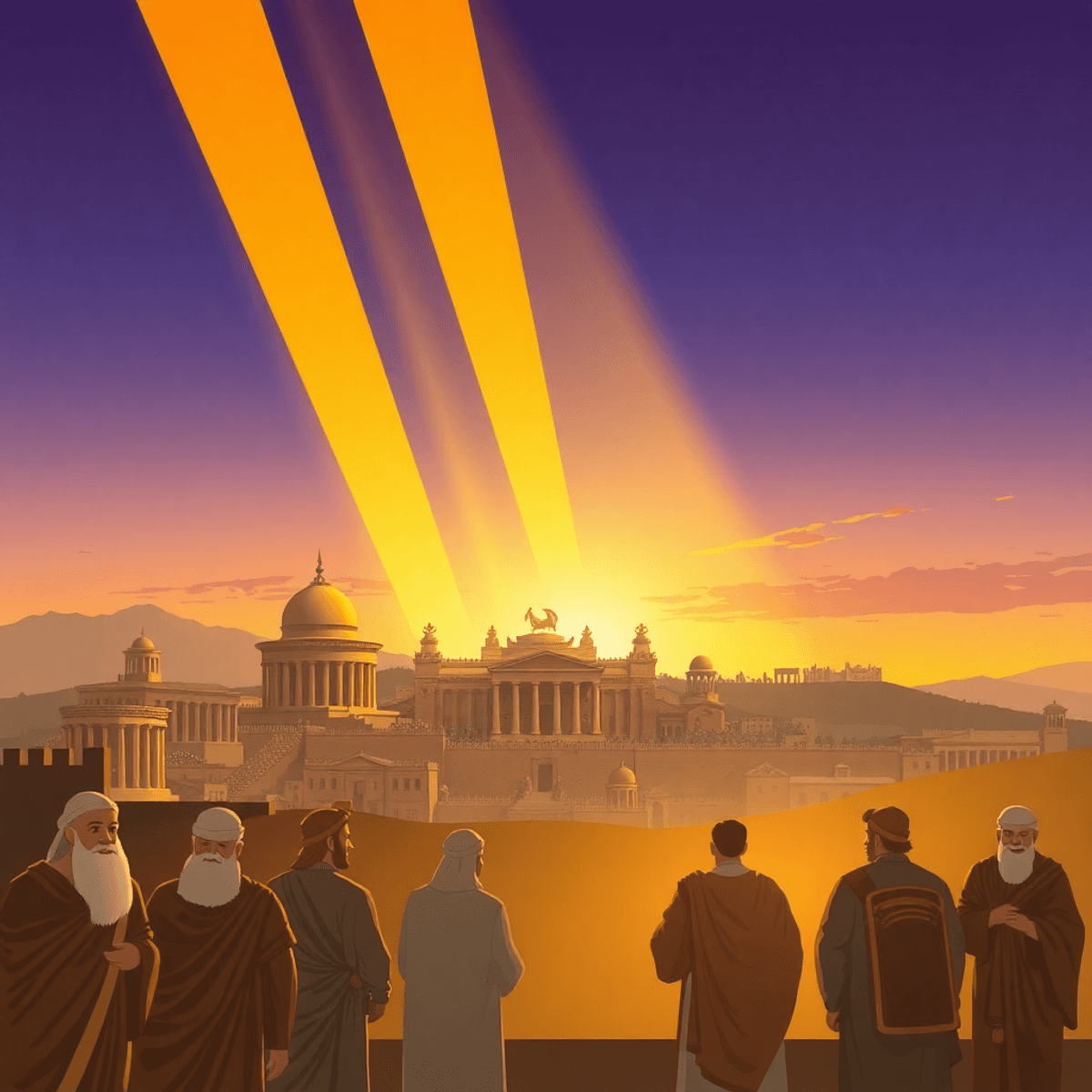 Ancient city skyline at sunset with classical temples, golden light beams above, and stylized elders and merchants in traditional attire in the for...