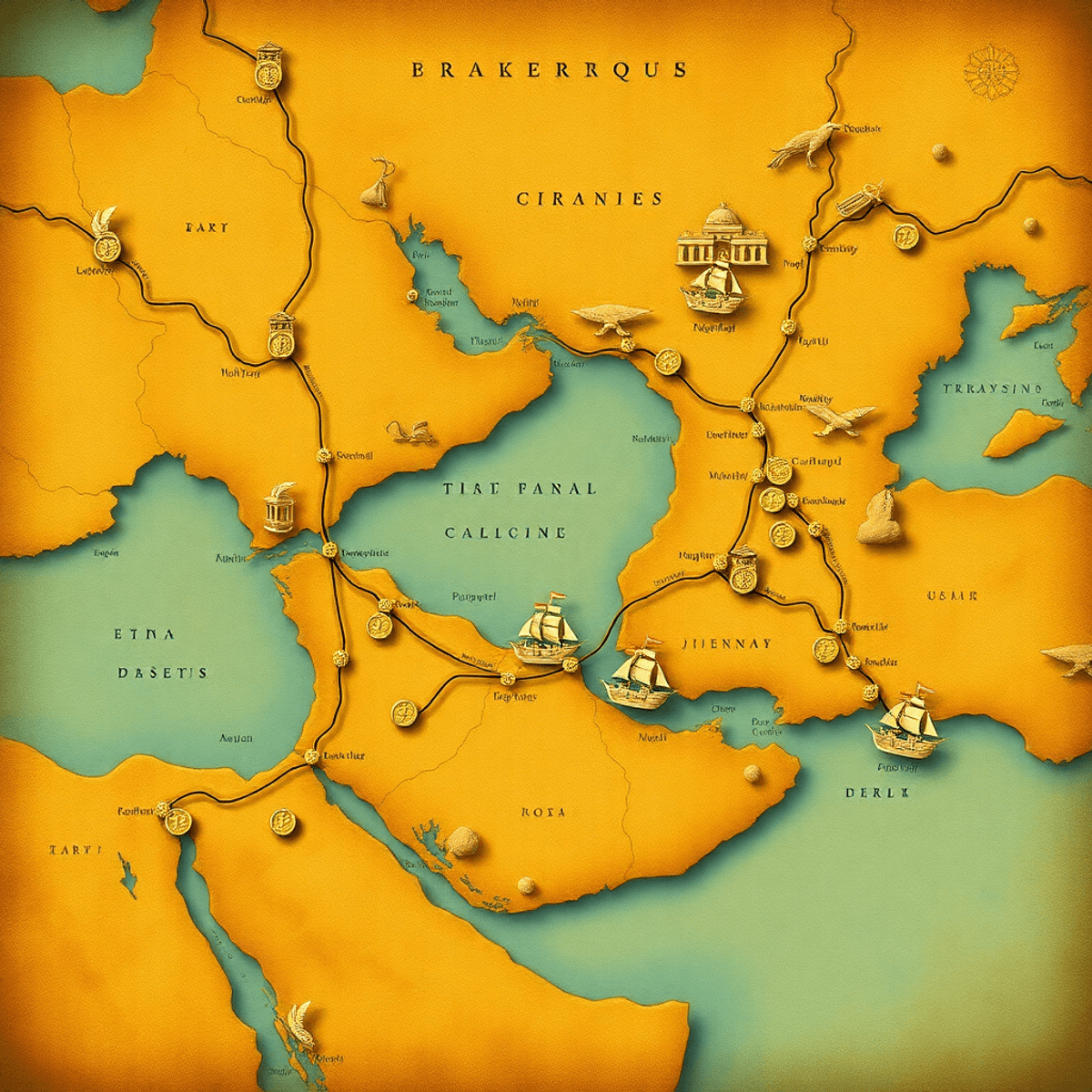 Ancient map illustration with trade routes, golden coins, merchant ships across deserts, seas, and mountains in warm historical tones.