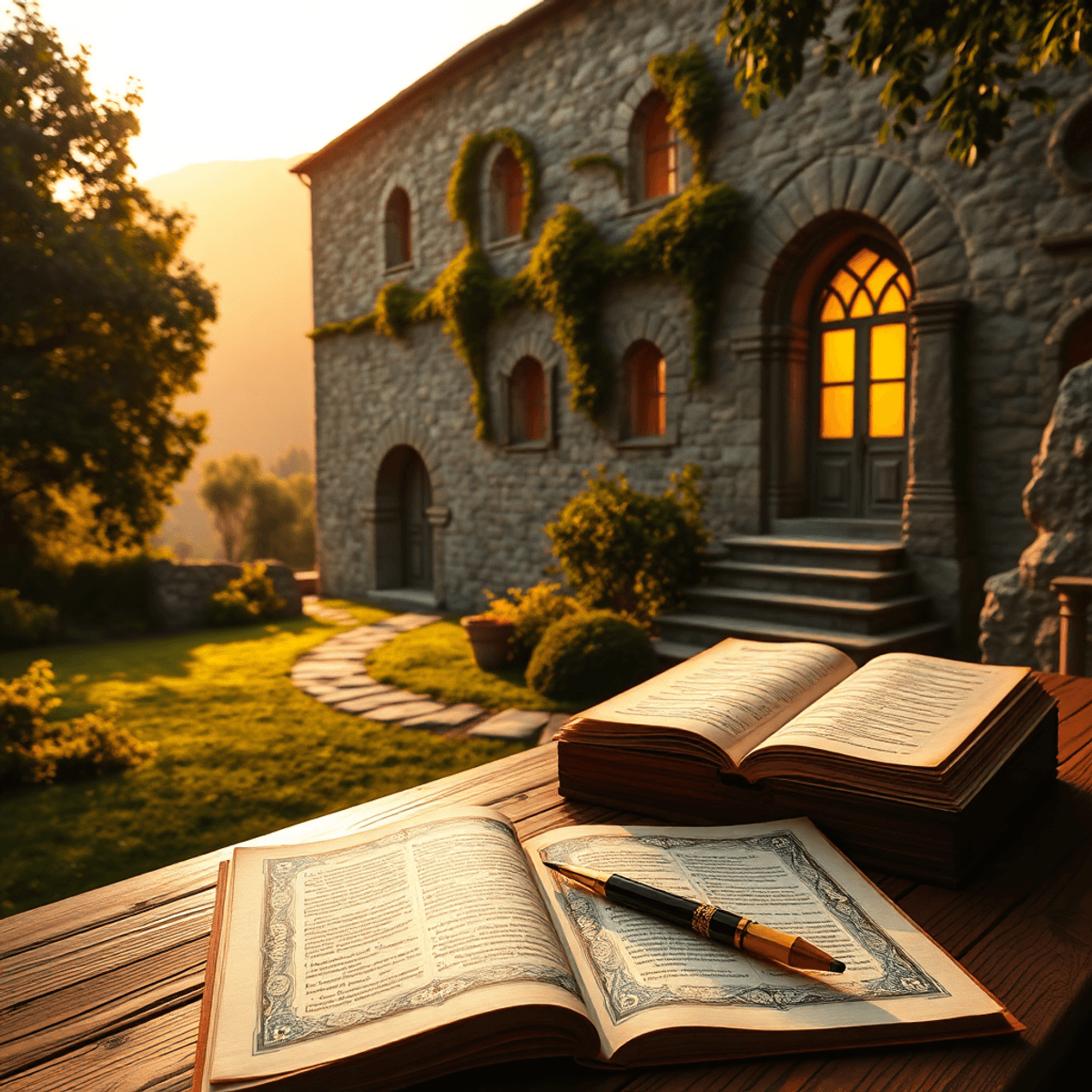 Ancient monastery at dawn with golden light, stone walls, arched windows, and a wooden table holding glowing illuminated manuscripts, quills, and p...