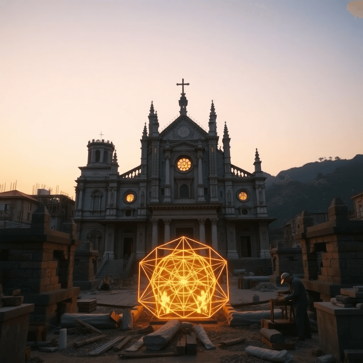Cathedral under construction at dawn with craftsmen working, surrounded by softly glowing sacred geometry symbols, evoking heritage and spiritual d...