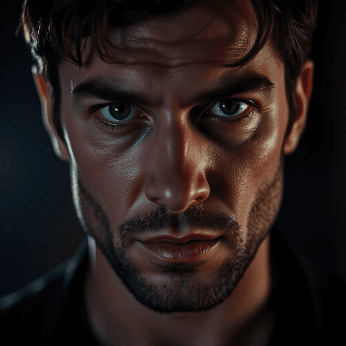 Close-up of a male actor with intense eyes and subtle facial expressions against a dimly lit, blurred background conveying deep emotion.