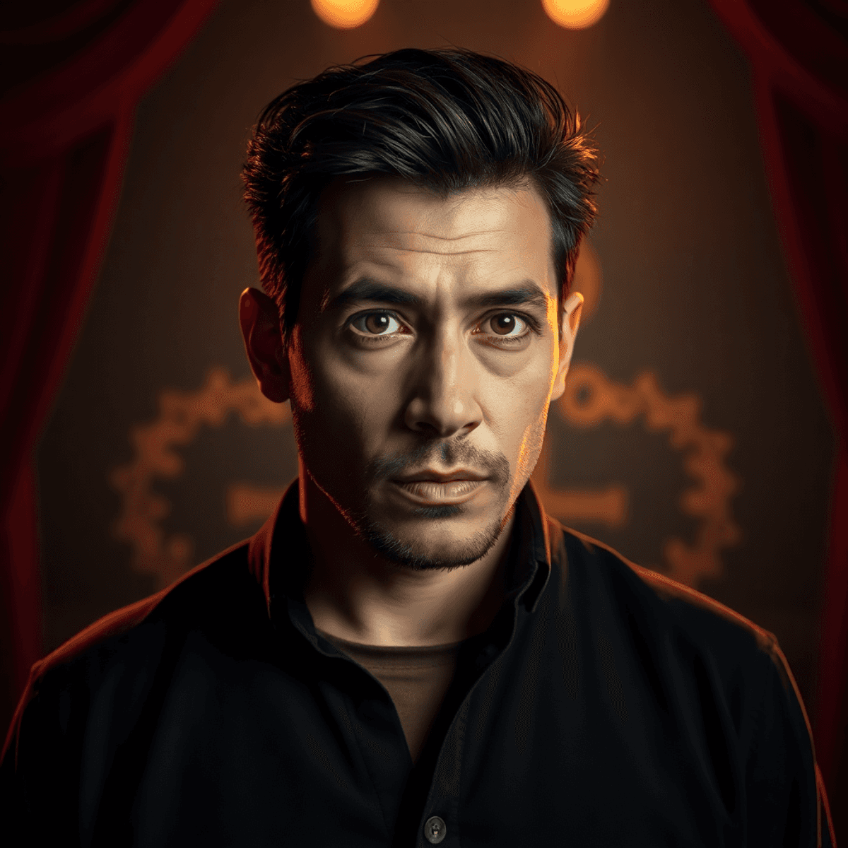 Dramatic portrait of a thoughtful male actor mid-transformation, with theatrical stage elements and abstract shapes in warm, intense lighting.