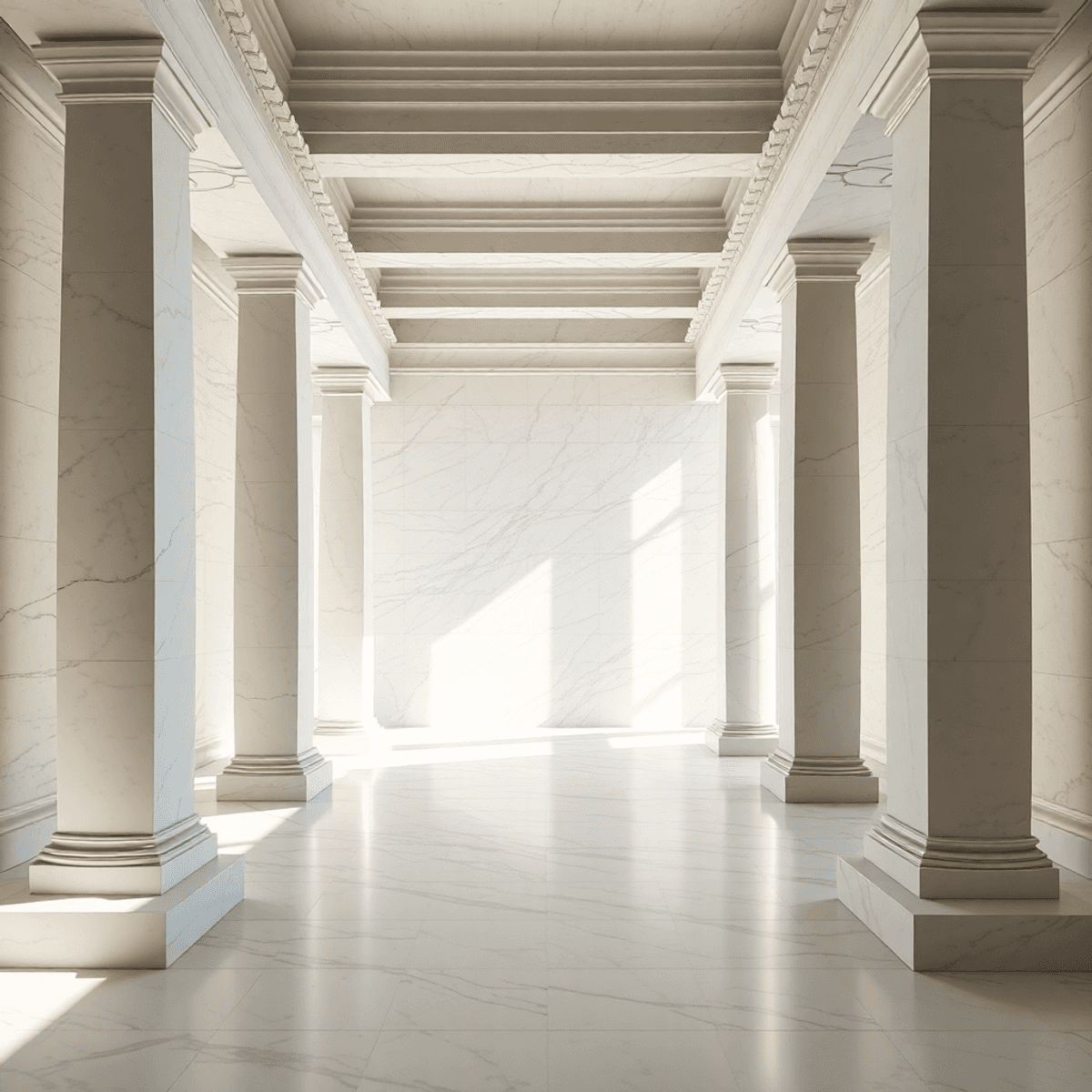 Elegant marble Greek-inspired architecture with balanced proportions, soft natural light highlighting refined textures and harmonious symmetry, no ...