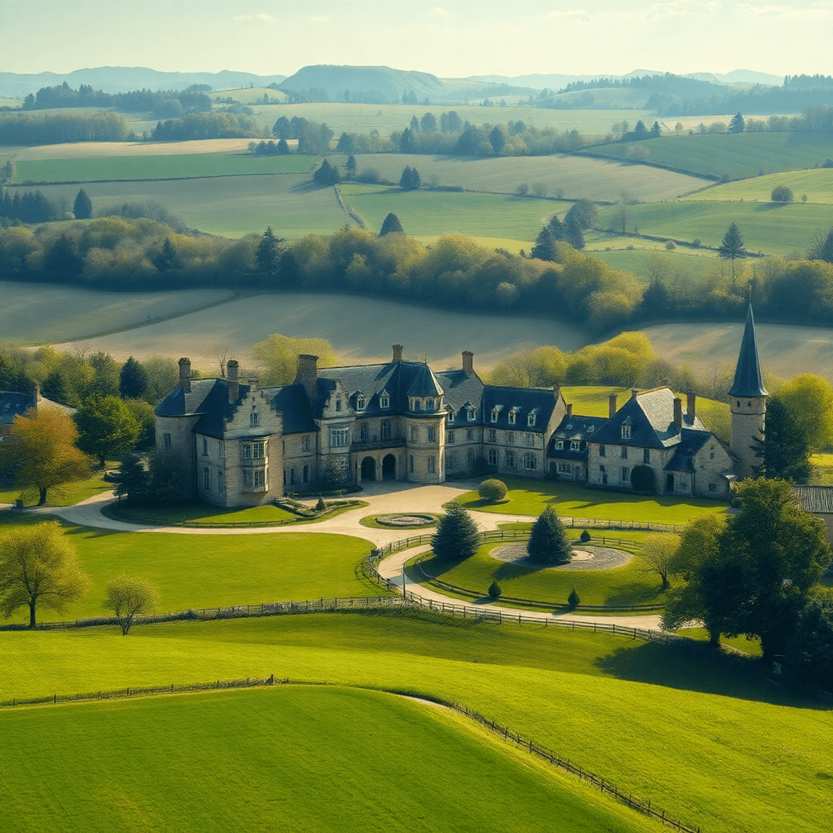 Expansive countryside estate with classic stone manor houses, rolling hills, cultivated fields, ancient trees, and soft sunlight illuminating the l...