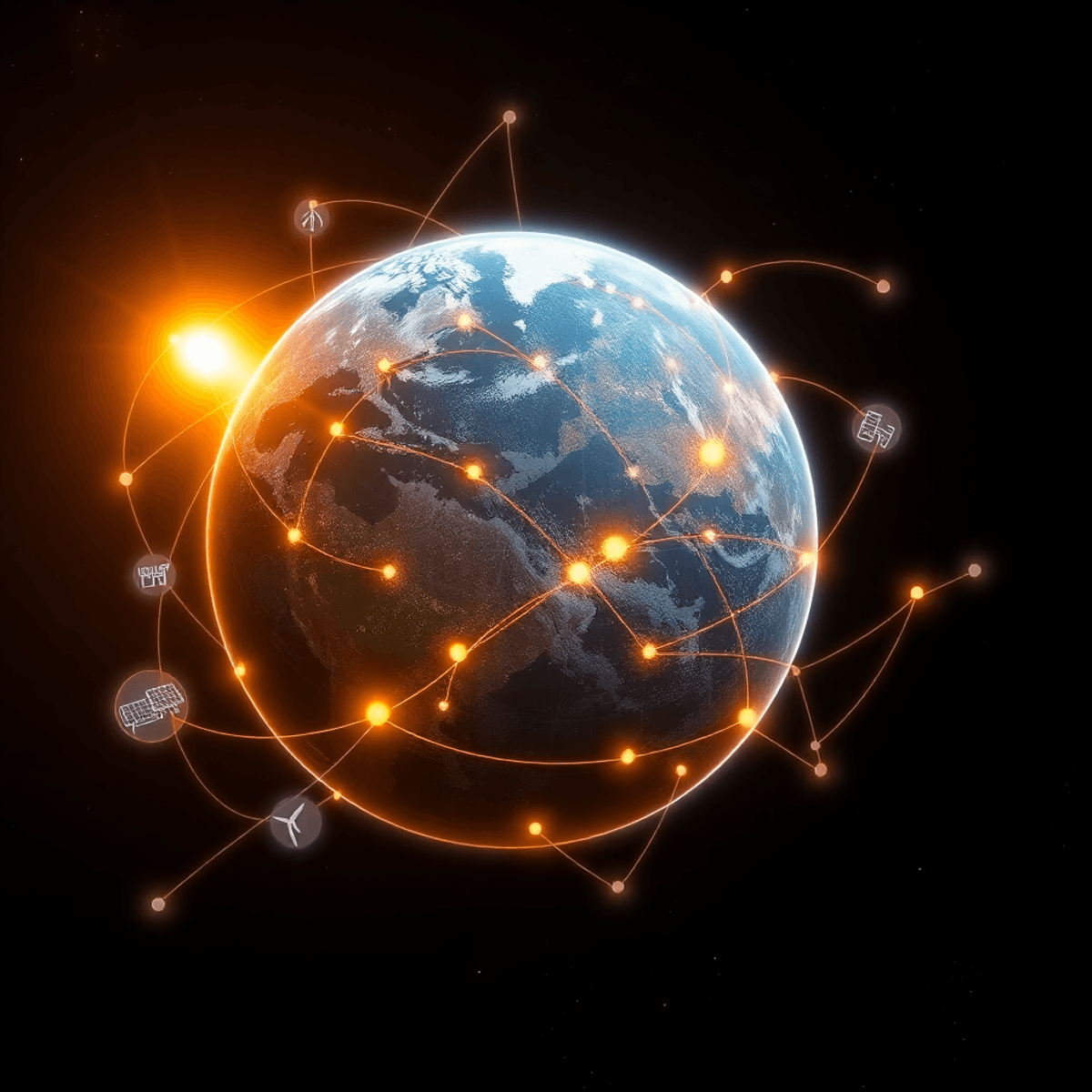 Futuristic Earth from space glowing with interconnected energy networks and abstract flows representing global renewable power and technological pr...