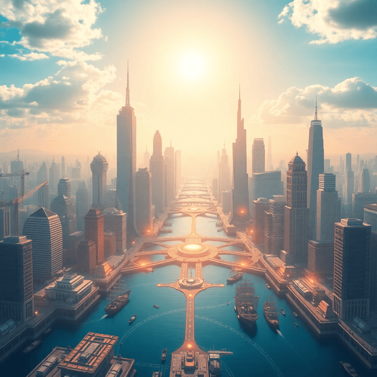 Futuristic cityscape merging advanced tech with ancient trade symbols under a bright sky, symbolizing progress and unity in a photo style.