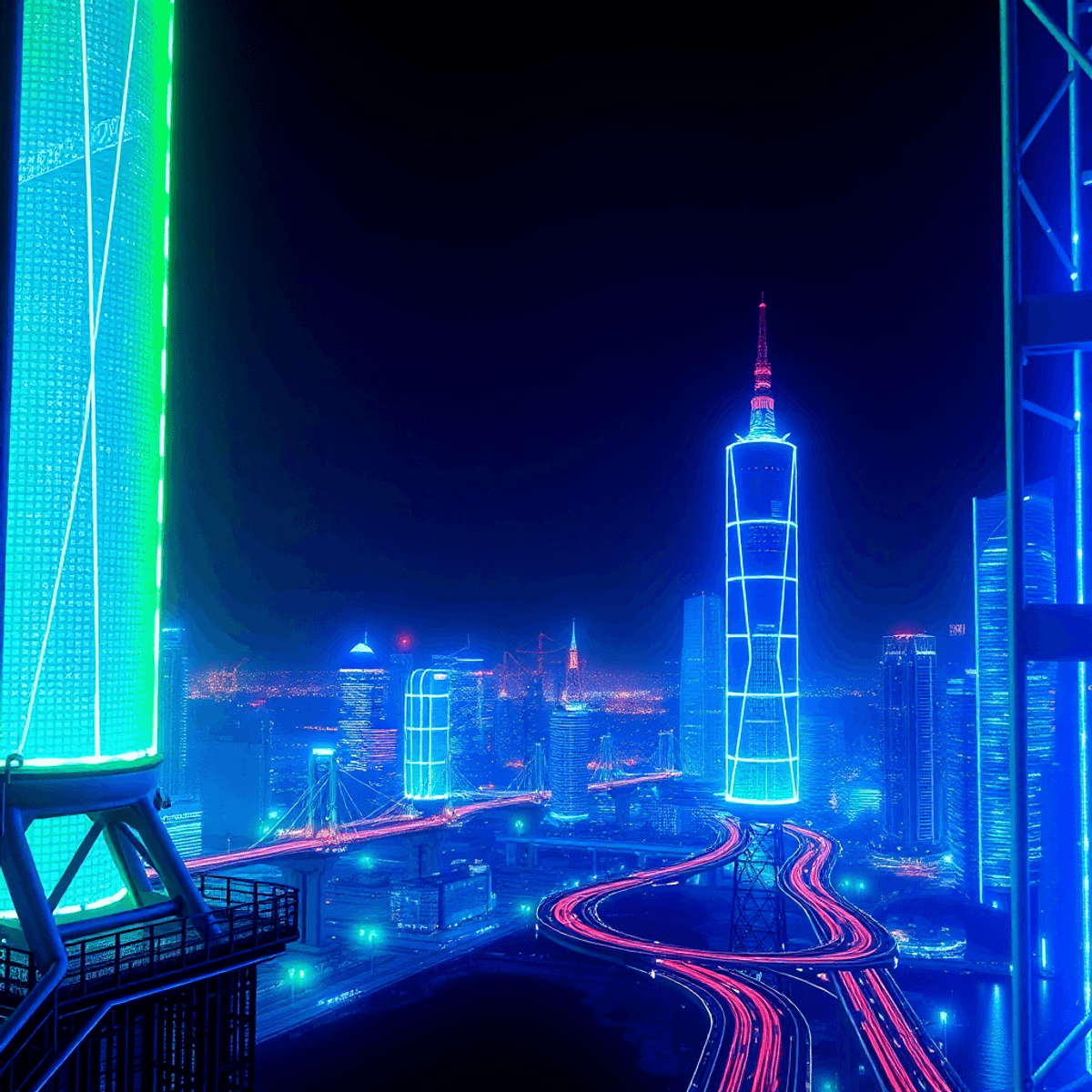 Futuristic cityscape with glowing blue and green lights, metallic structures, and faint silhouettes of historic ships and roads blending into moder...