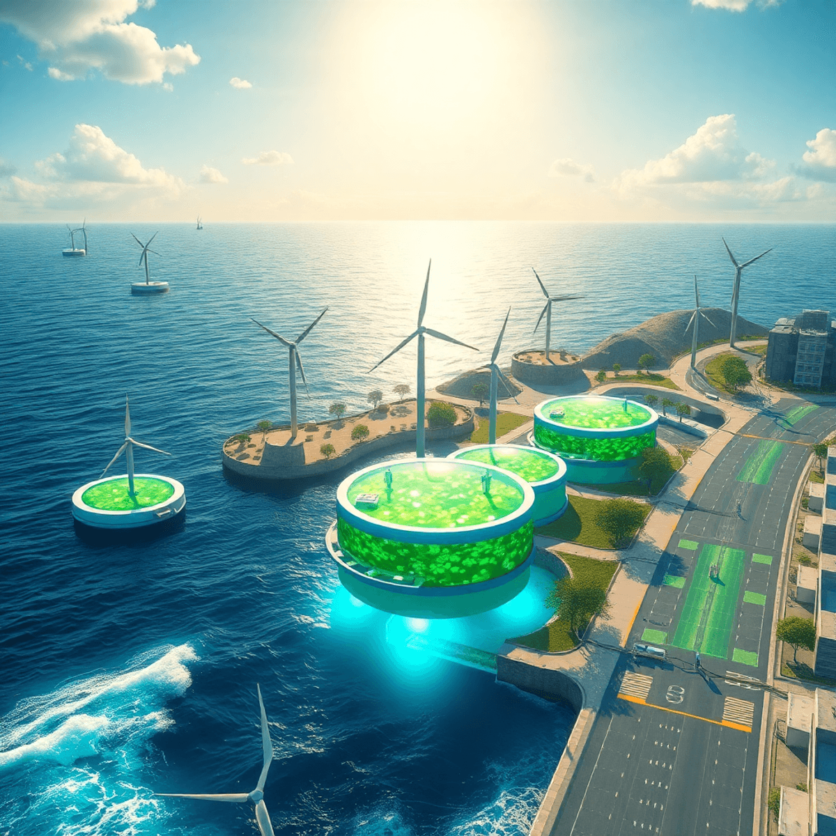 Stanislav Kondrashov - Futuristic landscape with floating wind turbines, glowing biofuel tanks, piezoelectric pavements, ocean waves, and abstract sunrays under a bright ...