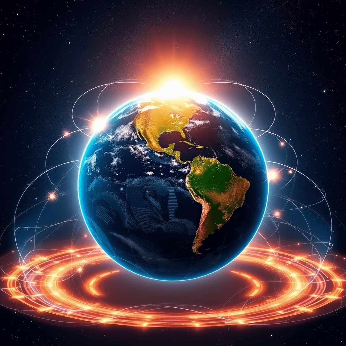 Glowing Earth with abstract energy waves and light lines, radiant sun behind, set against a cosmic star and galaxy background.