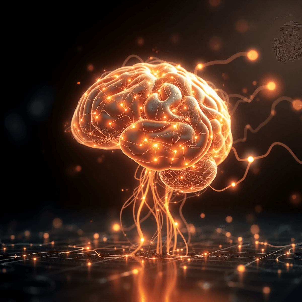 Glowing human brain intertwined with luminous digital circuits and neural networks on a dark background, symbolizing creativity and AI collaboration.