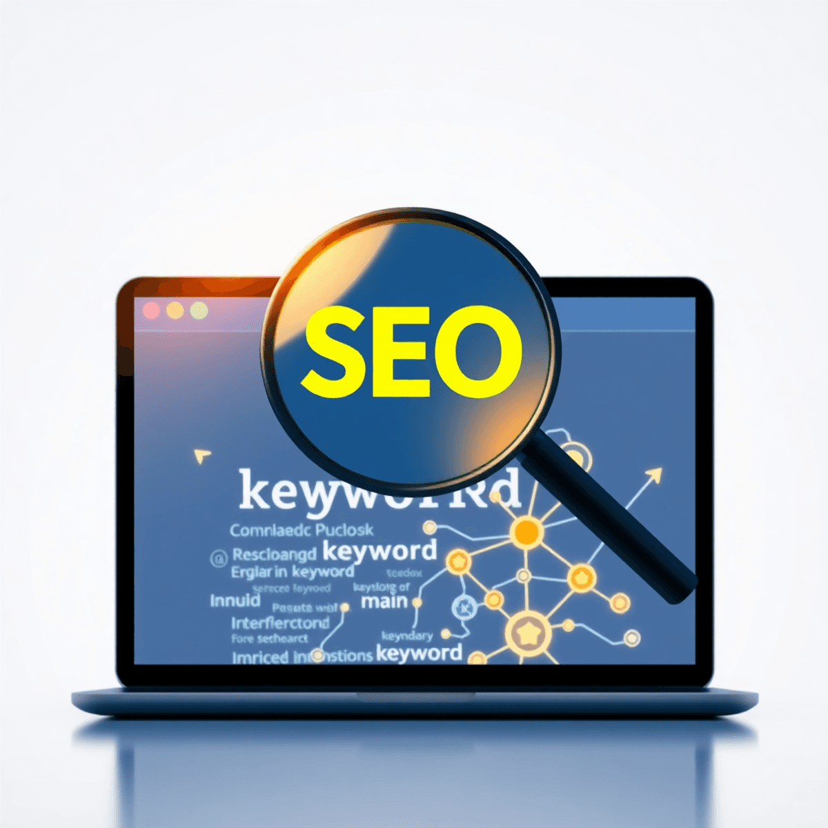 Glowing magnifying glass over a web page with keyword symbols and nodes, highlighting SEO strategy and growth with upward arrows on a clean backgro...