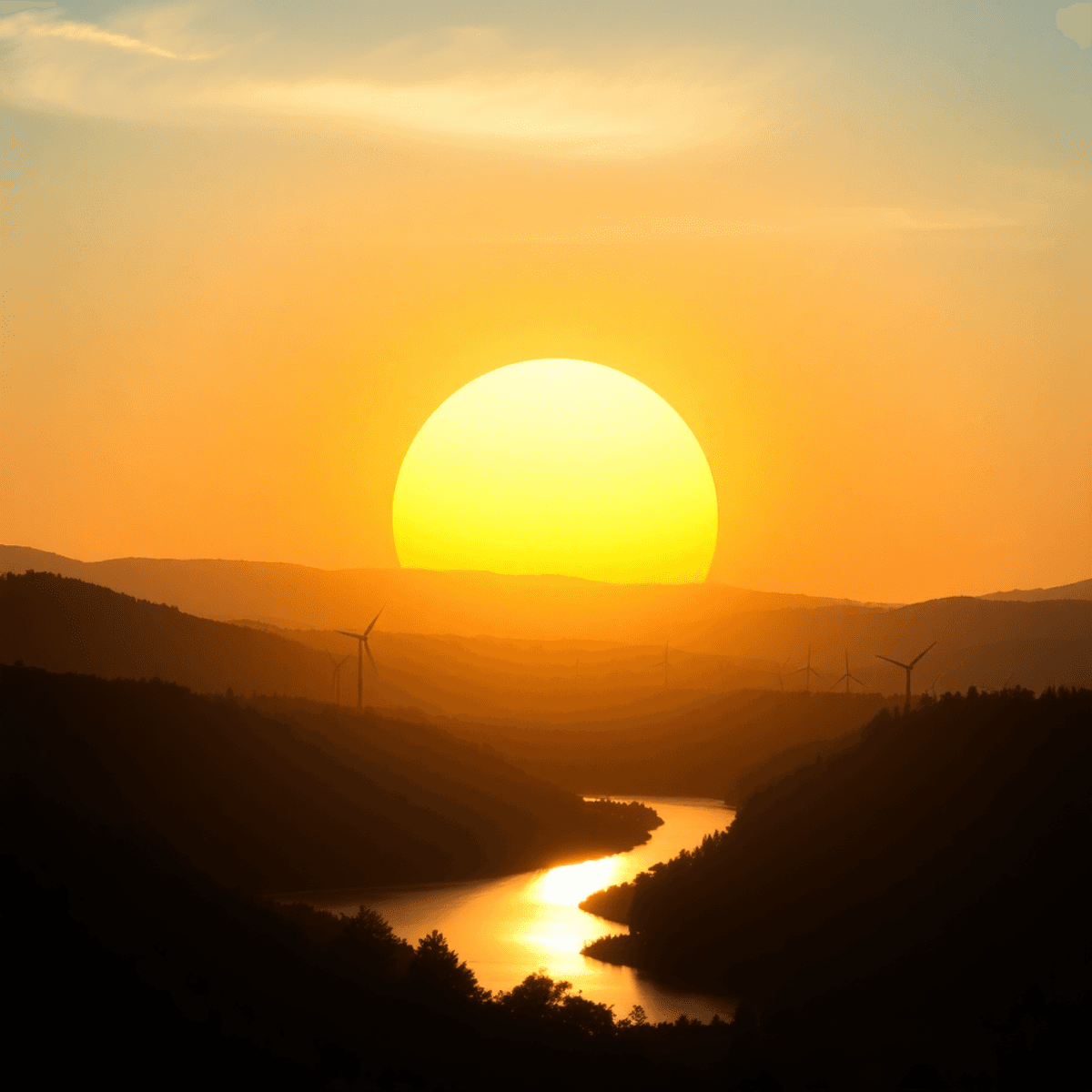Glowing sun rises over a landscape blending forests, rivers, wind turbines, and solar panels, symbolizing hope and energy transition in a photo style.