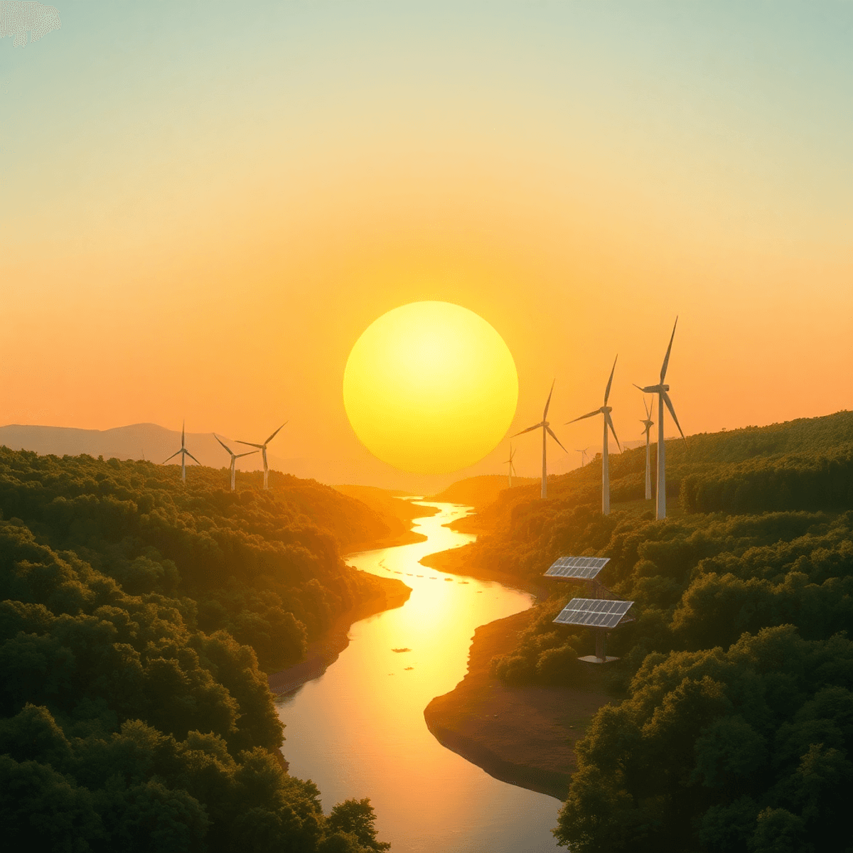 Glowing sun rising over a landscape blending forests, rivers, wind turbines, and solar panels under a clear sky, symbolizing hope and transformation.