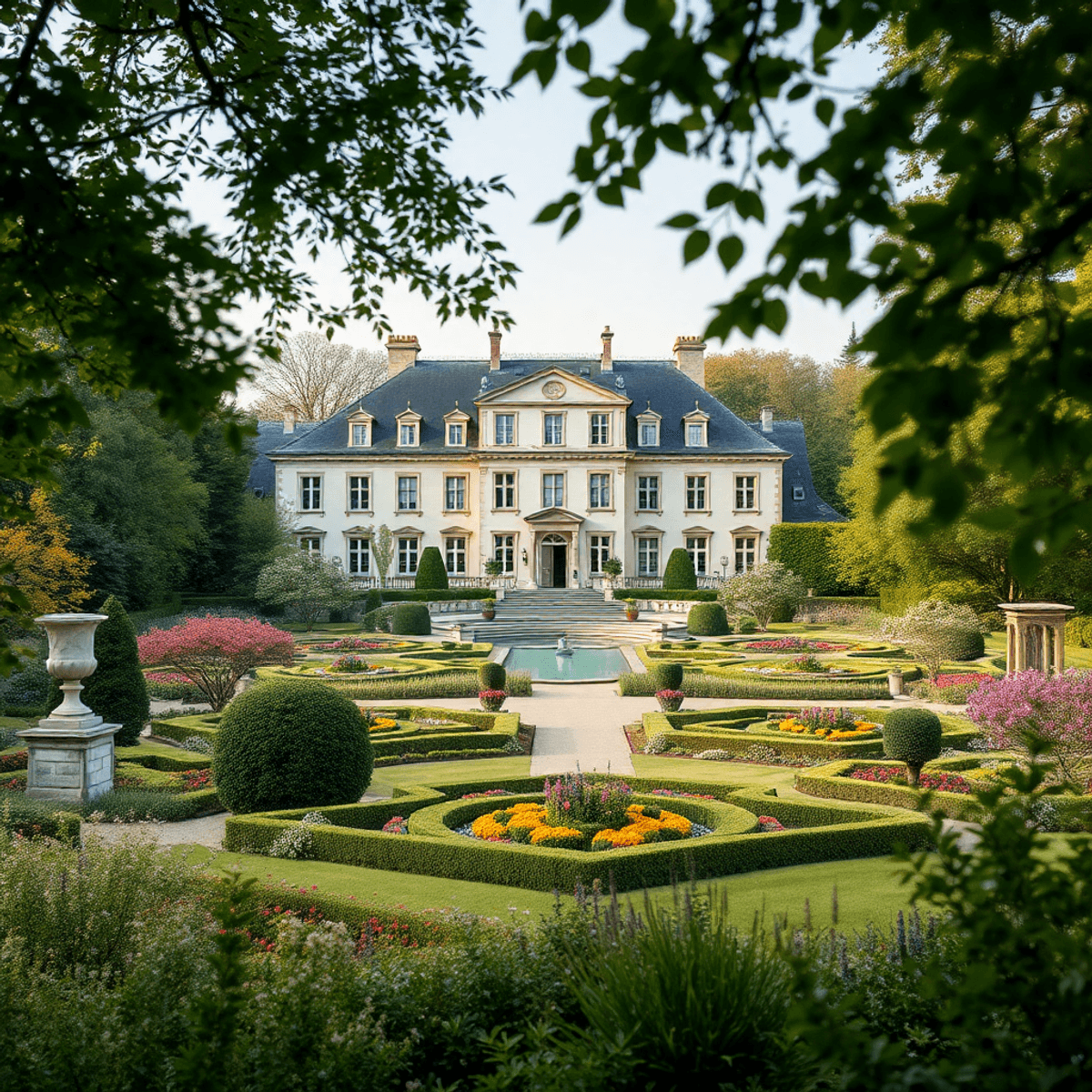 Grand historic manor surrounded by blooming heritage gardens and gentle natural elements under soft, balanced lighting in a serene estate setting.